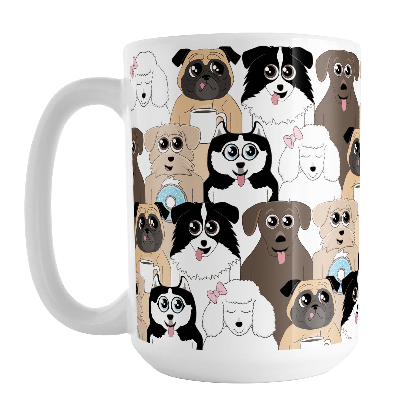 Cute Dog Stack Pattern Mug (15oz) at Amy's Coffee Mugs. Cute dogs mug with an illustrated pattern of different breeds of dogs with different fun expressions, with coffee and and donuts. This stacked pattern of dogs wraps around the ceramic mug to the handle.