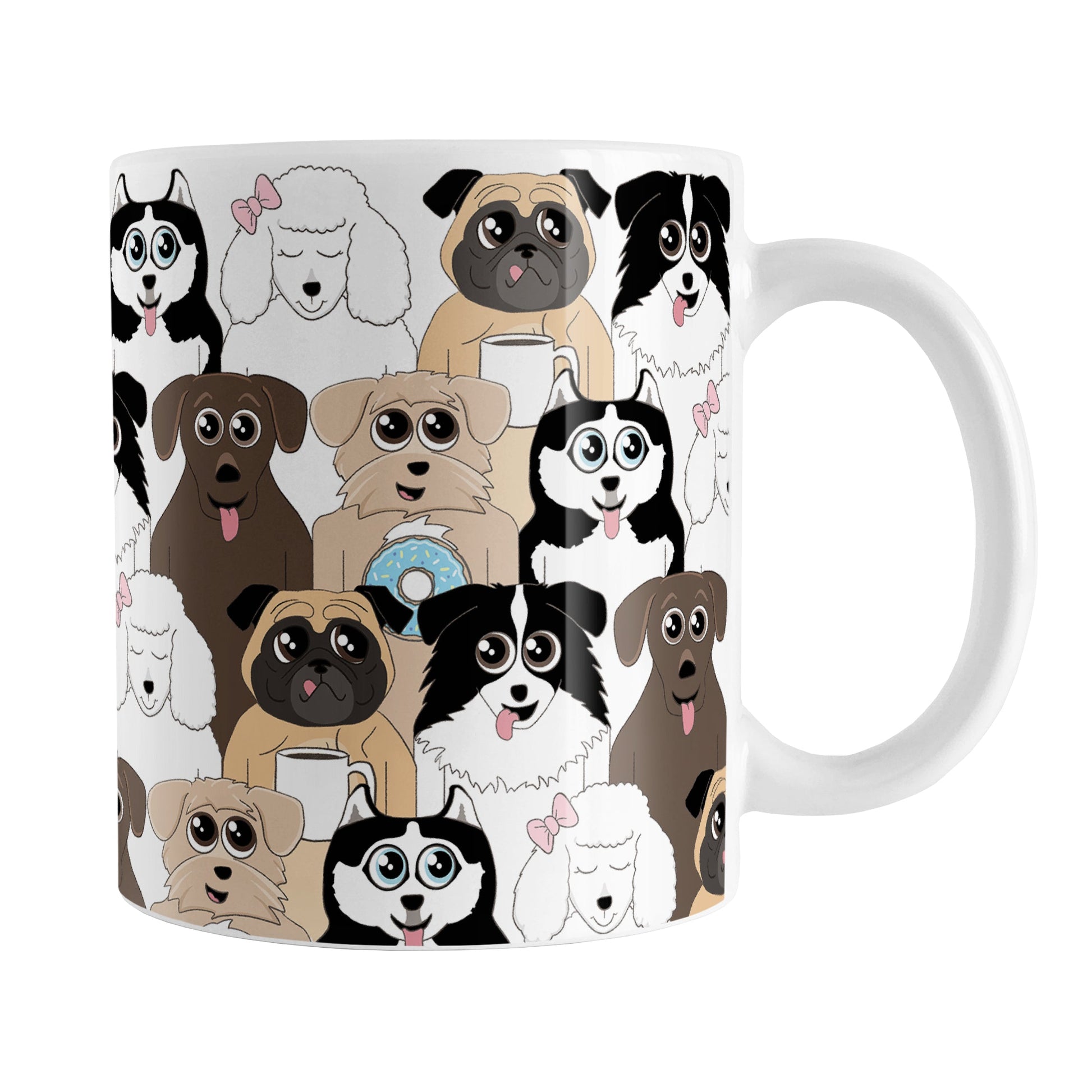 Cute Dog Stack Pattern Mug (11oz) at Amy's Coffee Mugs. Cute dogs mug with an illustrated pattern of different breeds of dogs with different fun expressions, with coffee and and donuts. This stacked pattern of dogs wraps around the ceramic mug to the handle.