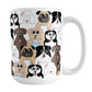 Cute Dog Stack Pattern Mug (15oz) at Amy's Coffee Mugs. Cute dogs mug with an illustrated pattern of different breeds of dogs with different fun expressions, with coffee and and donuts. This stacked pattern of dogs wraps around the ceramic mug to the handle.