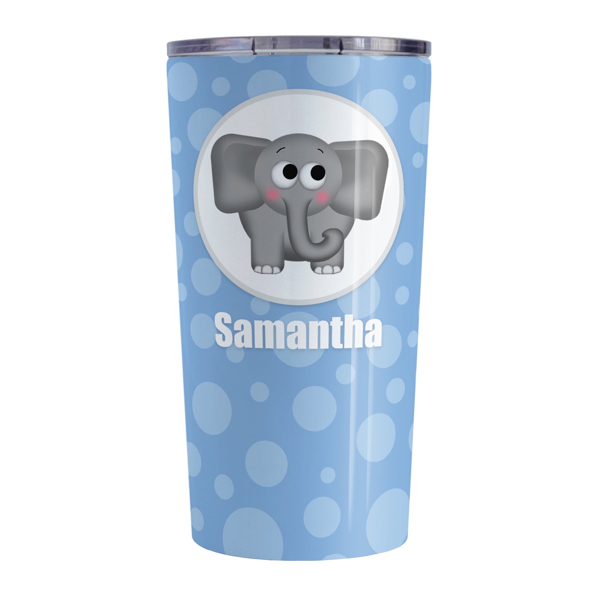 Cute Elephant Bubbly Blue Personalized Tumbler Cup (20oz, stainless steel insulated) at Amy's Coffee Mugs