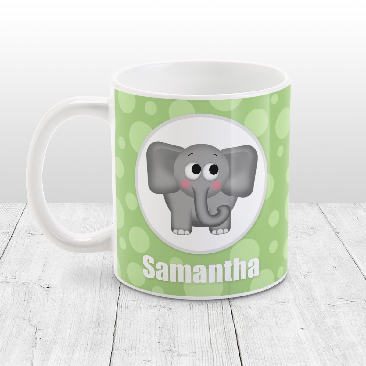 Cute Elephant Bubbly Green - Personalized Elephant Mug at Amy's Coffee Mugs