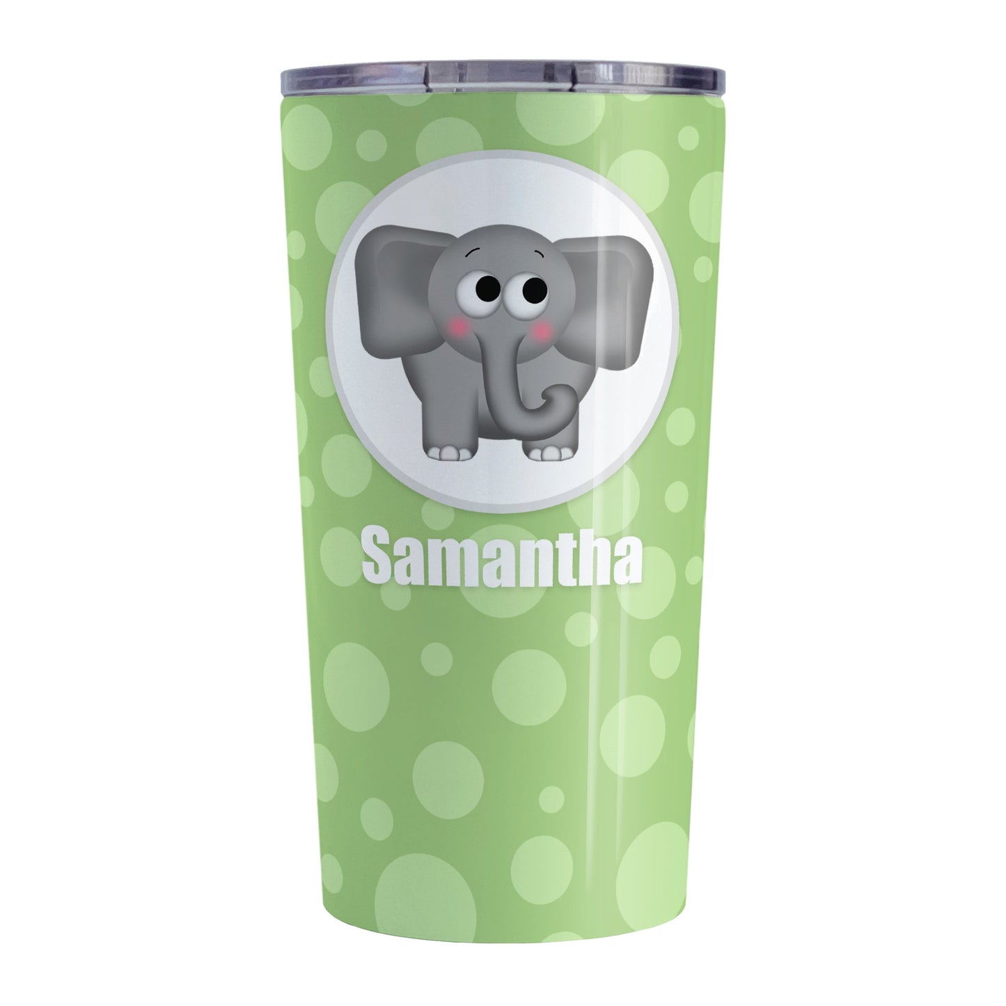 Cute Elephant Bubbly Green Personalized Tumbler Cup (20oz, stainless steel insulated) at Amy's Coffee Mugs
