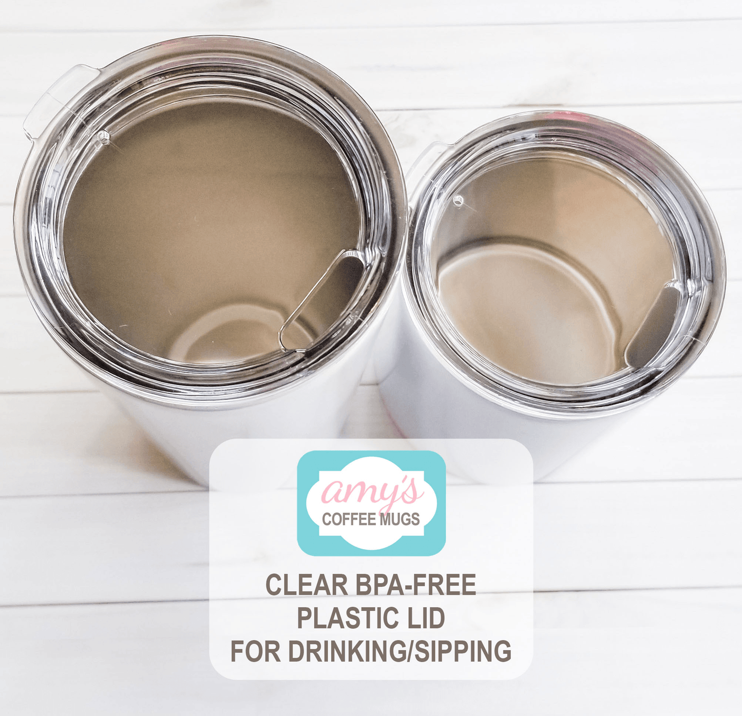 clear bpa-free plastic lid for drinking/sipping, tumbler cups at Amy's Coffee Mugs