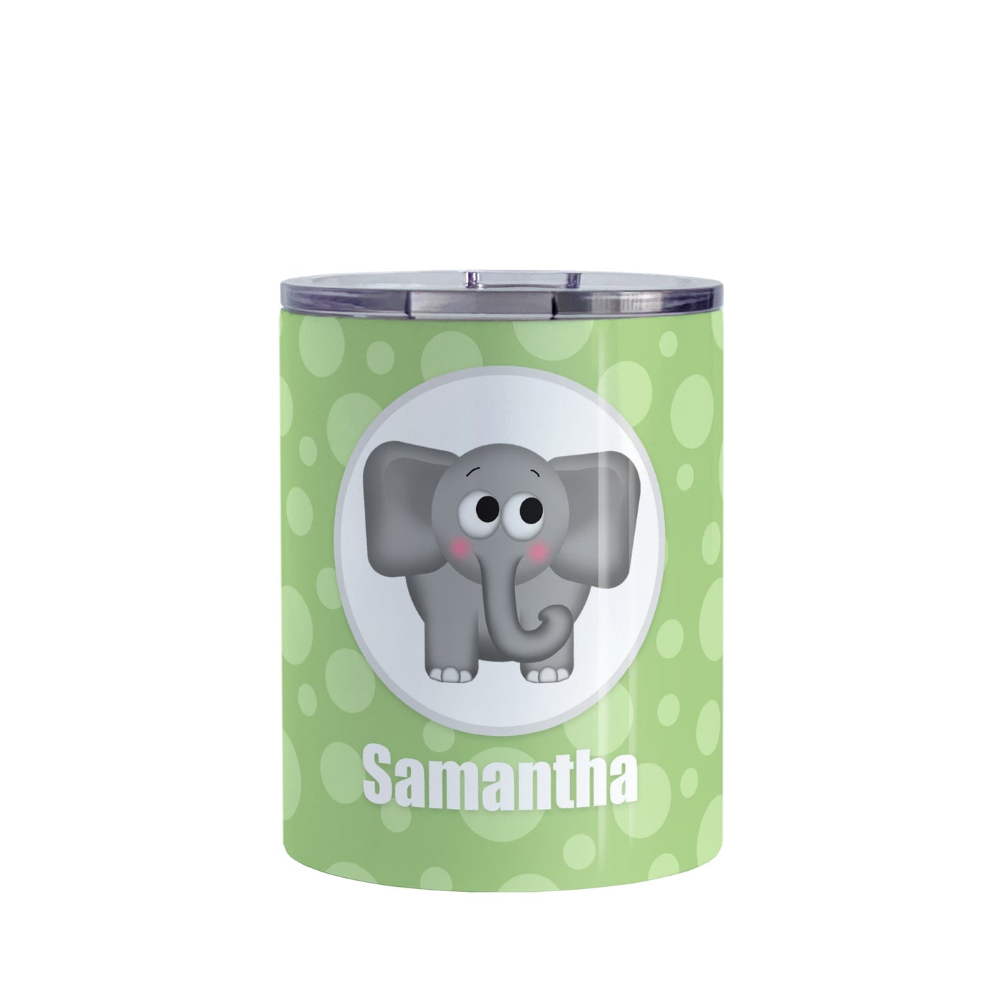 Cute Elephant Bubbly Green Personalized Tumbler Cup (10oz, stainless steel insulated) at Amy's Coffee Mugs