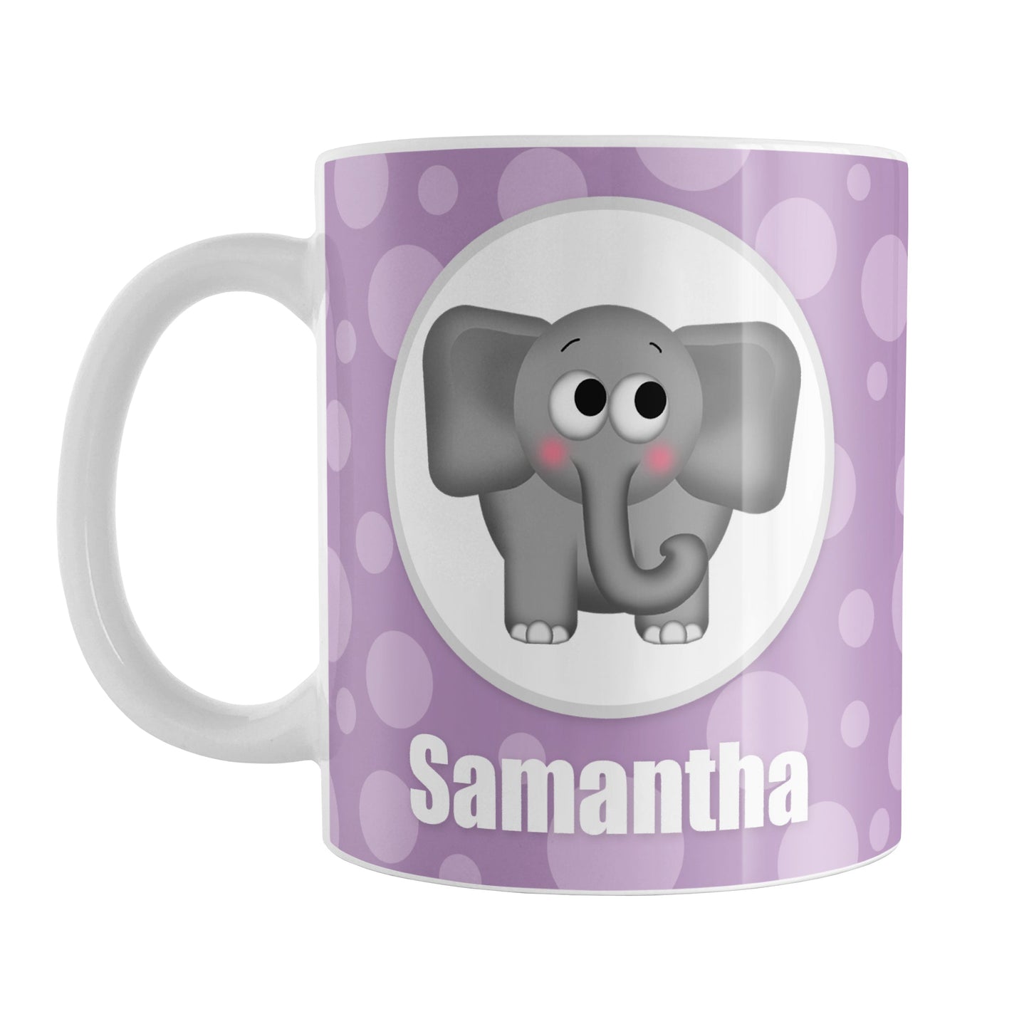 Cute Elephant Bubbly Purple Personalized Mug (11oz) at Amy's Coffee Mugs. A ceramic coffee mug designed with an adorable and affectionate gray elephant in a white circle outlined in gray on both sides of the mug over a purple bubbly background that wraps around the mug up to the handle. Your name is personalized in white below the cute elephant.