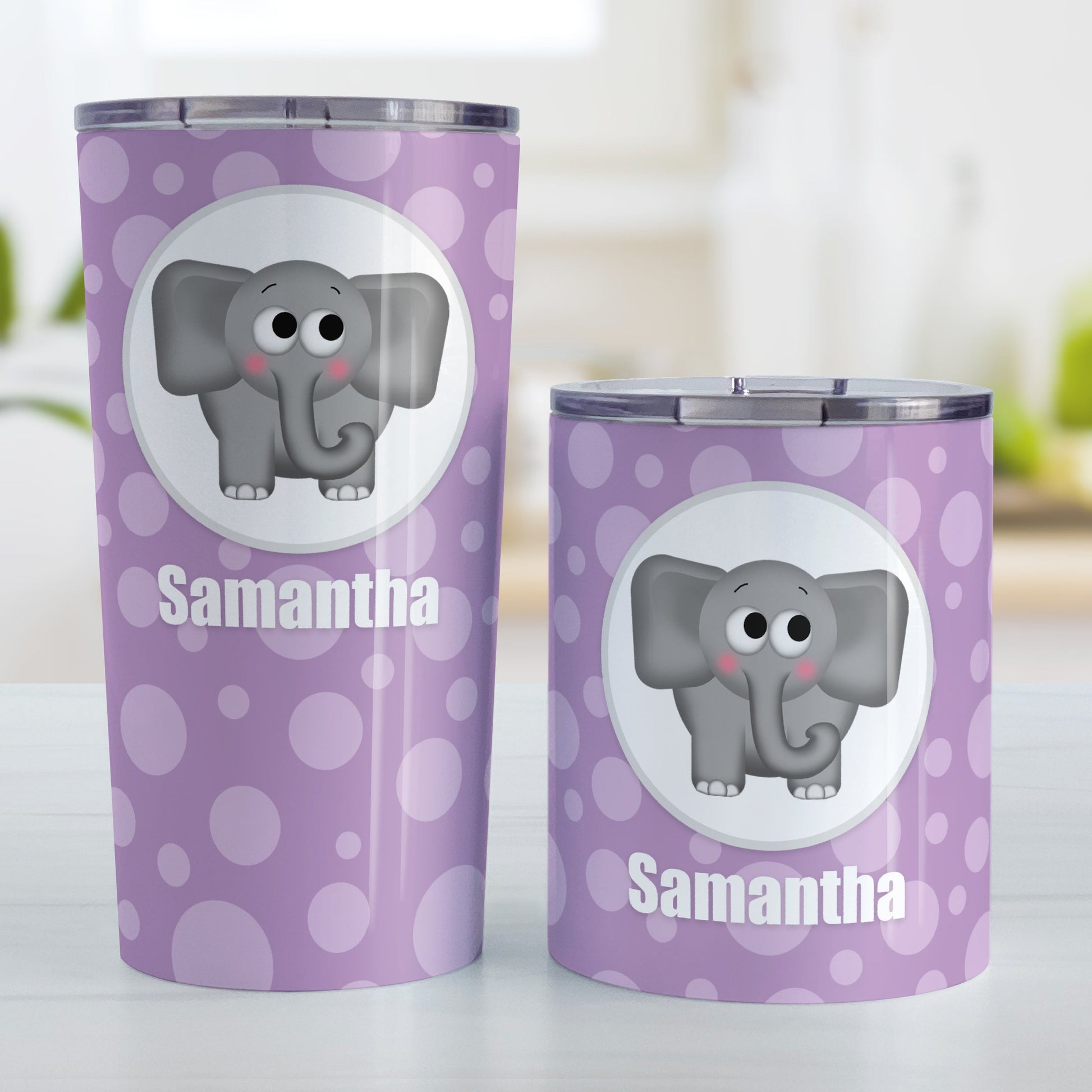 Cute Elephant Bubbly Purple Personalized Tumbler Cup (20oz and 10oz, stainless steel insulated) at Amy's Coffee Mugs