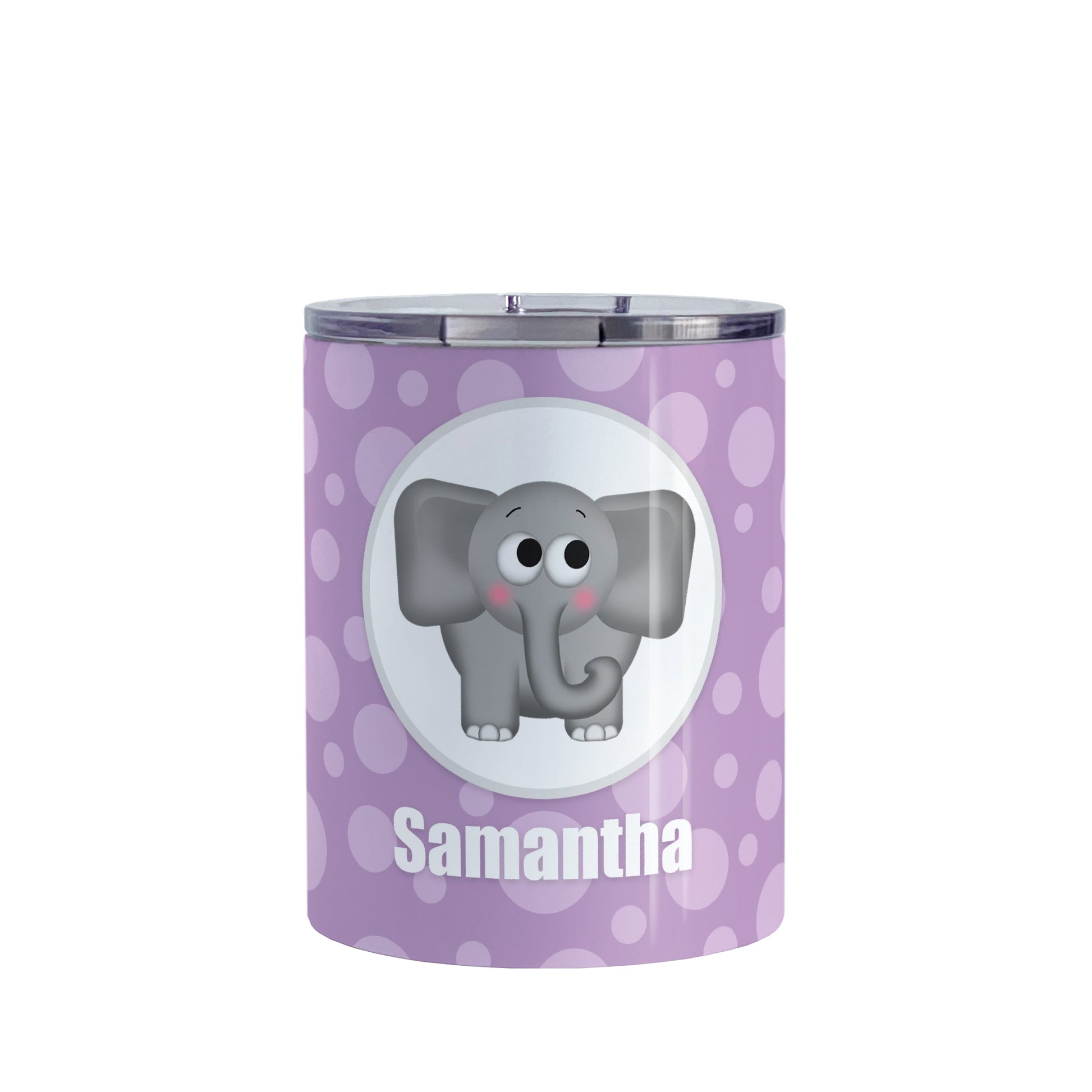 Cute Elephant Bubbly Purple Personalized Tumbler Cup (10oz, stainless steel insulated) at Amy's Coffee Mugs