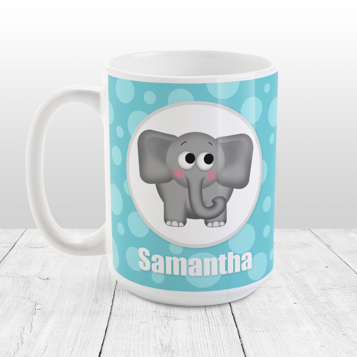 Cute Elephant Bubbly Turquoise - Personalized Elephant Mug at Amy's Coffee Mugs