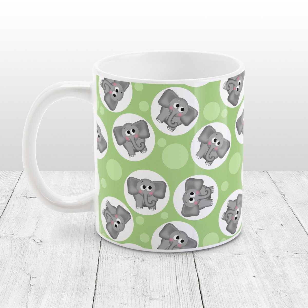 Cute Elephant Pattern Green Mug at Amy's Coffee Mugs