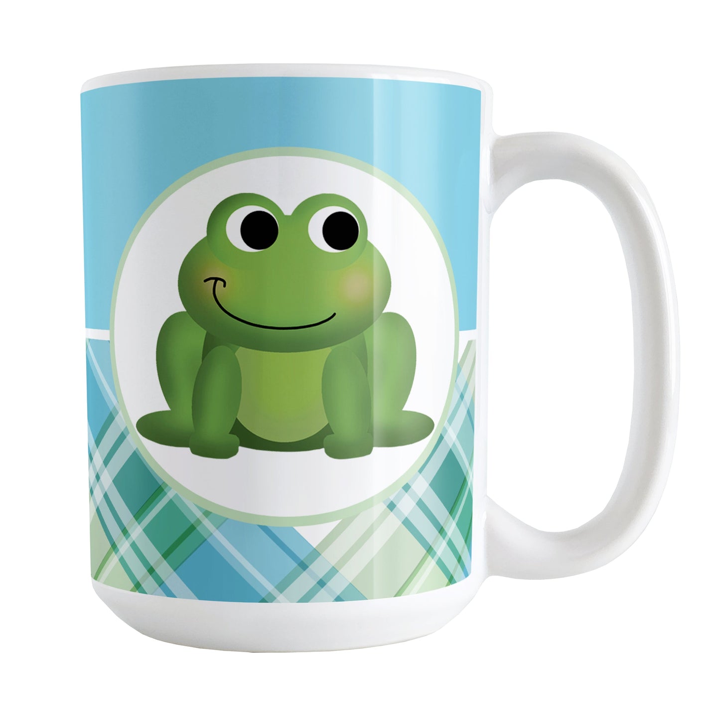 Cute Frog Green and Blue Plaid Mug (15oz) at Amy's Coffee Mugs