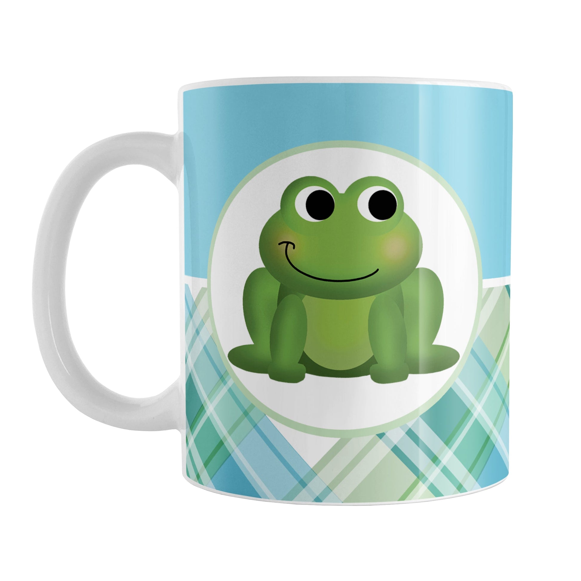 Cute Frog Green and Blue Plaid Mug (11oz) at Amy's Coffee Mugs