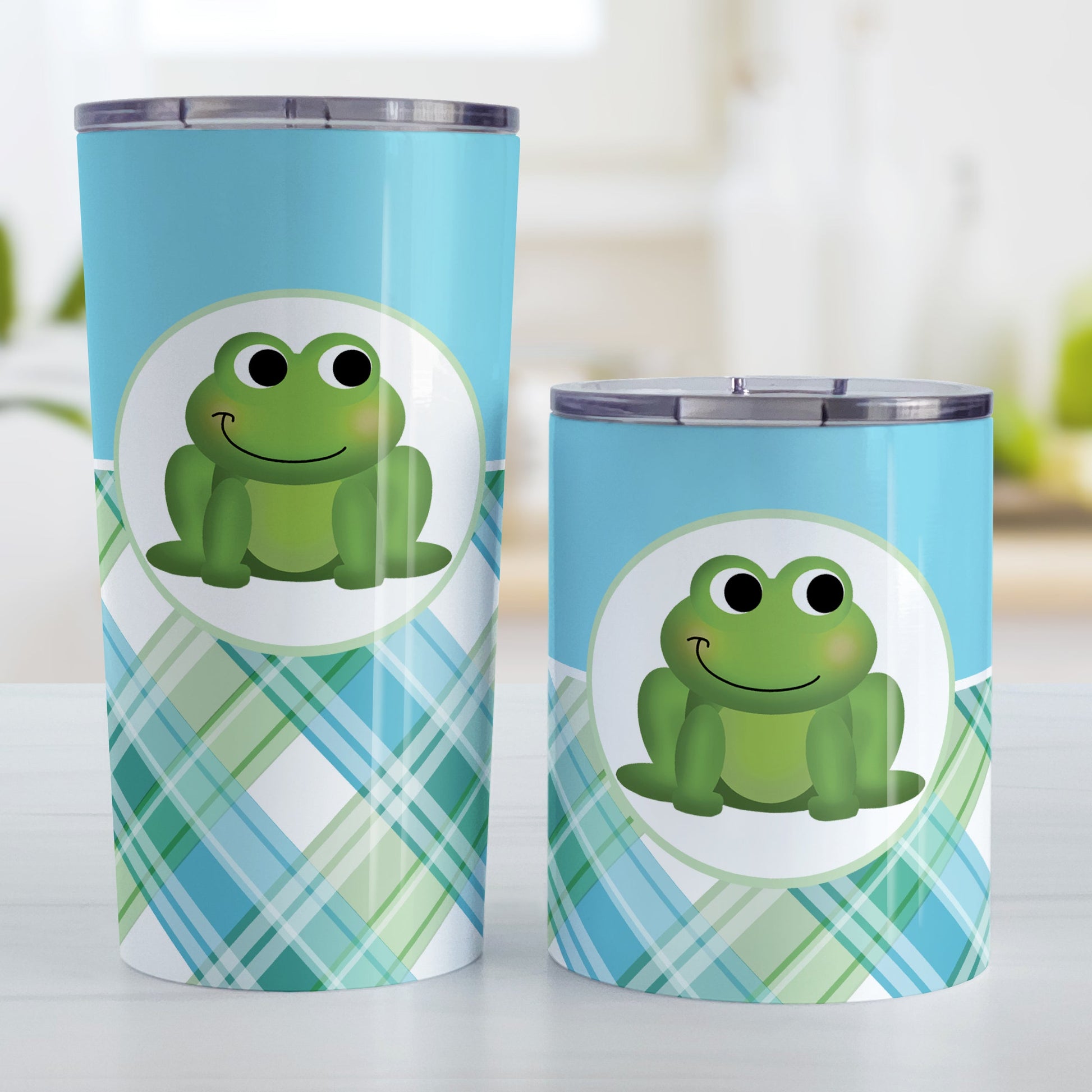 Cute Frog Green and Blue Plaid Tumbler Cup (20oz and 10oz, stainless steel insulated) at Amy's Coffee Mugs