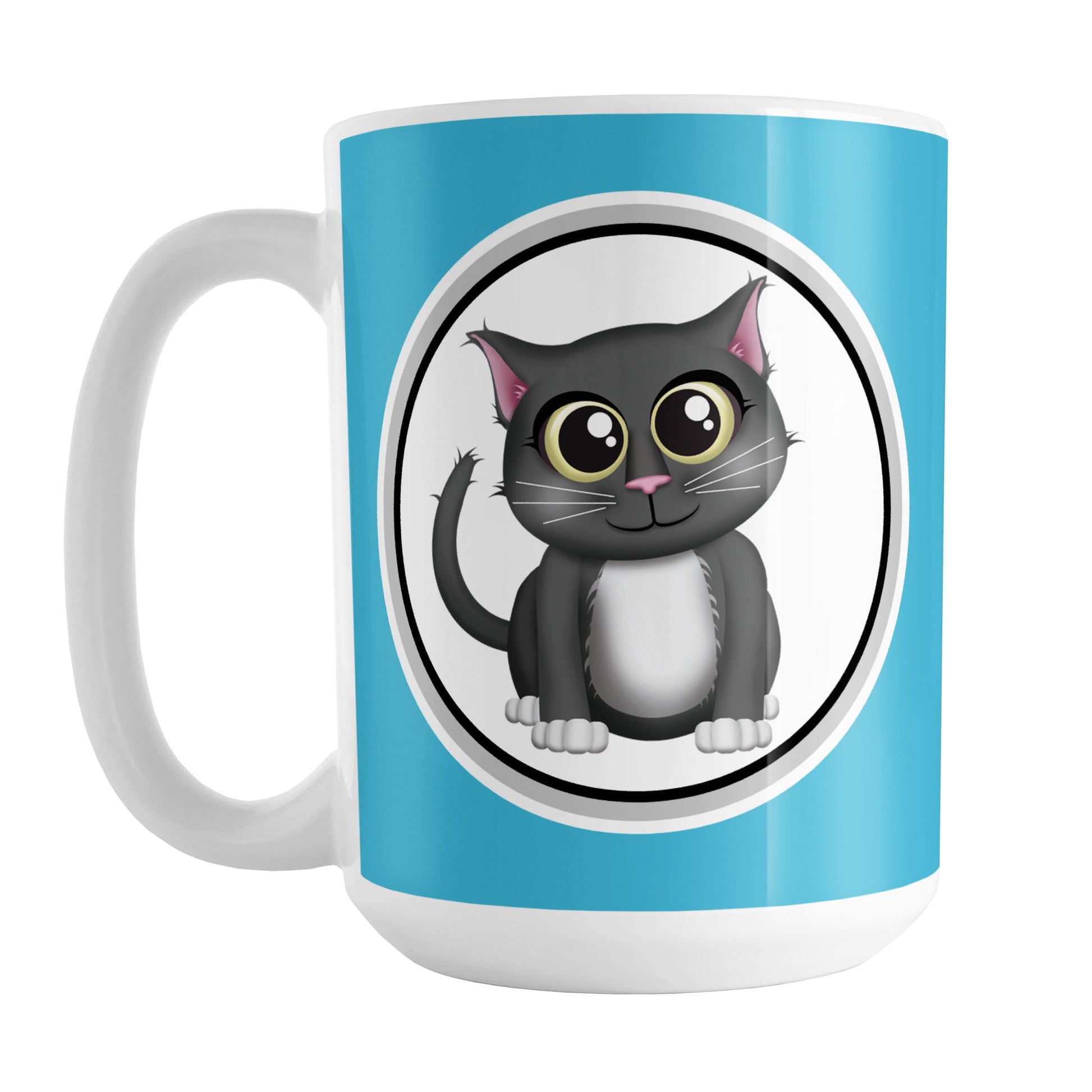 Cute Gray Cat Blue Mug (15oz) at Amy's Coffee Mugs. A ceramic coffee mug designed with an adorable gray cat in a white circle outlined in black and gray on both sides of the mug over a blue background color that wraps around the mug up to the handle.