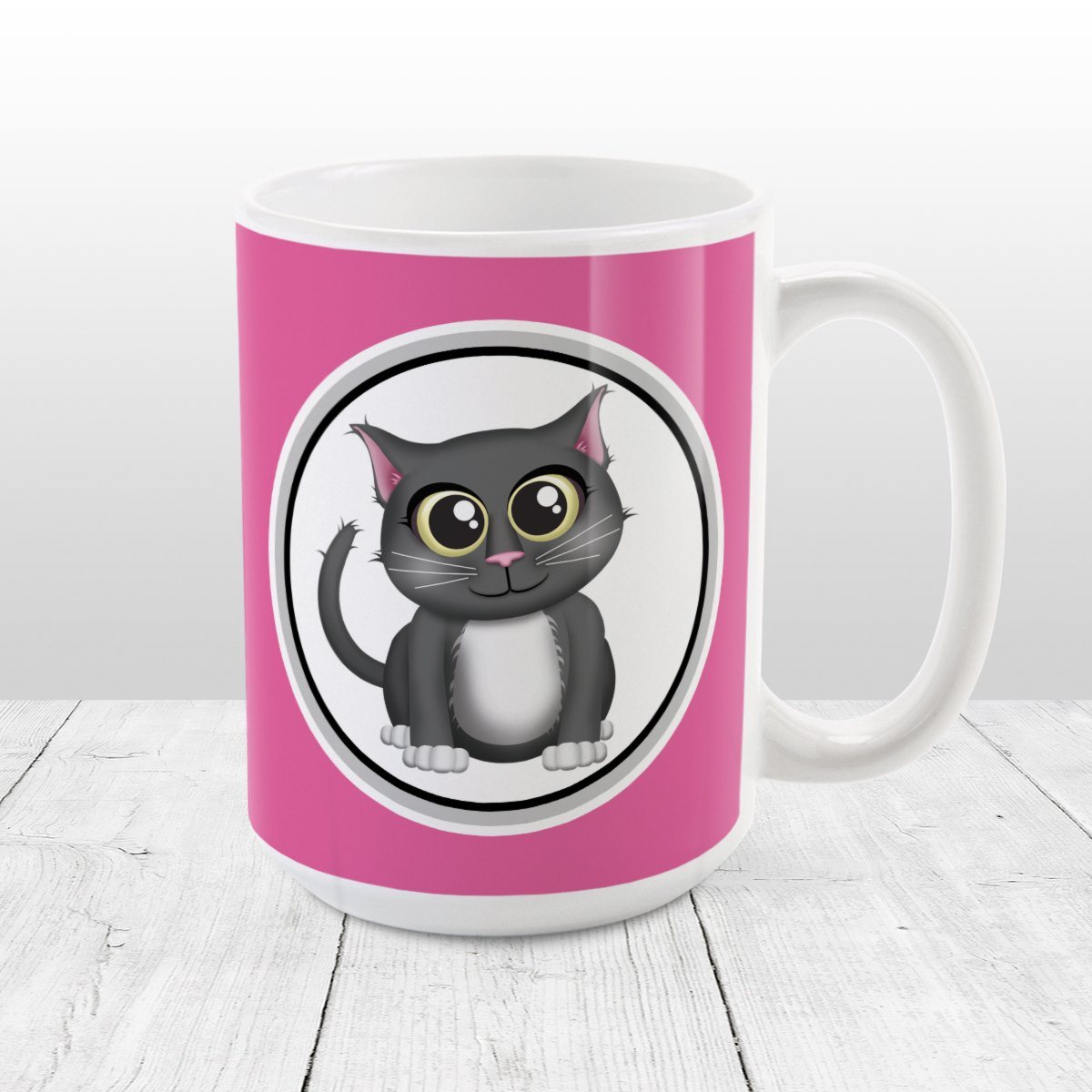 Cute Gray Cat - Fuchsia Pink Cat Mug at Amy's Coffee Mugs