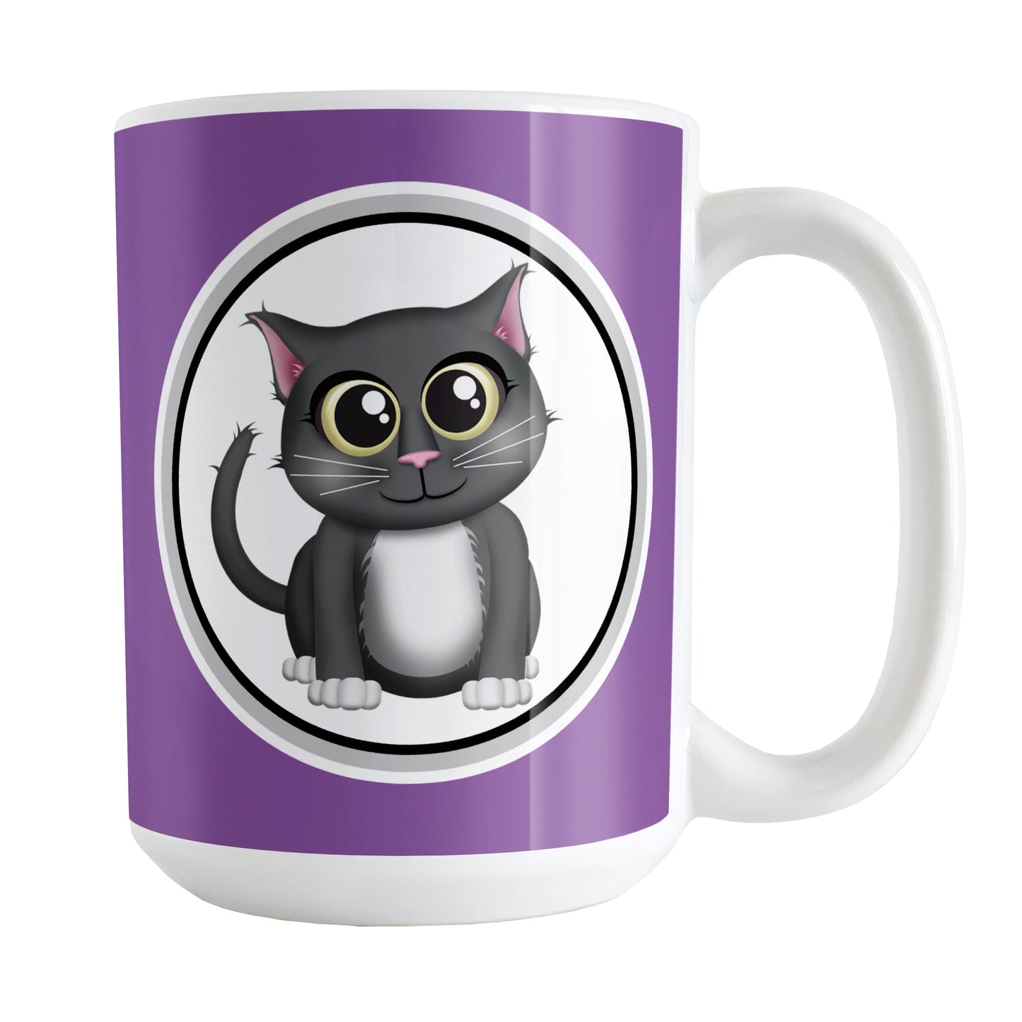 Cute Gray Cat Purple Mug (15oz) at Amy's Coffee Mugs. A ceramic coffee mug designed with an adorable gray cat in a white circle outlined in black and gray on both sides of the mug over a purple background color that wraps around the mug up to the handle.