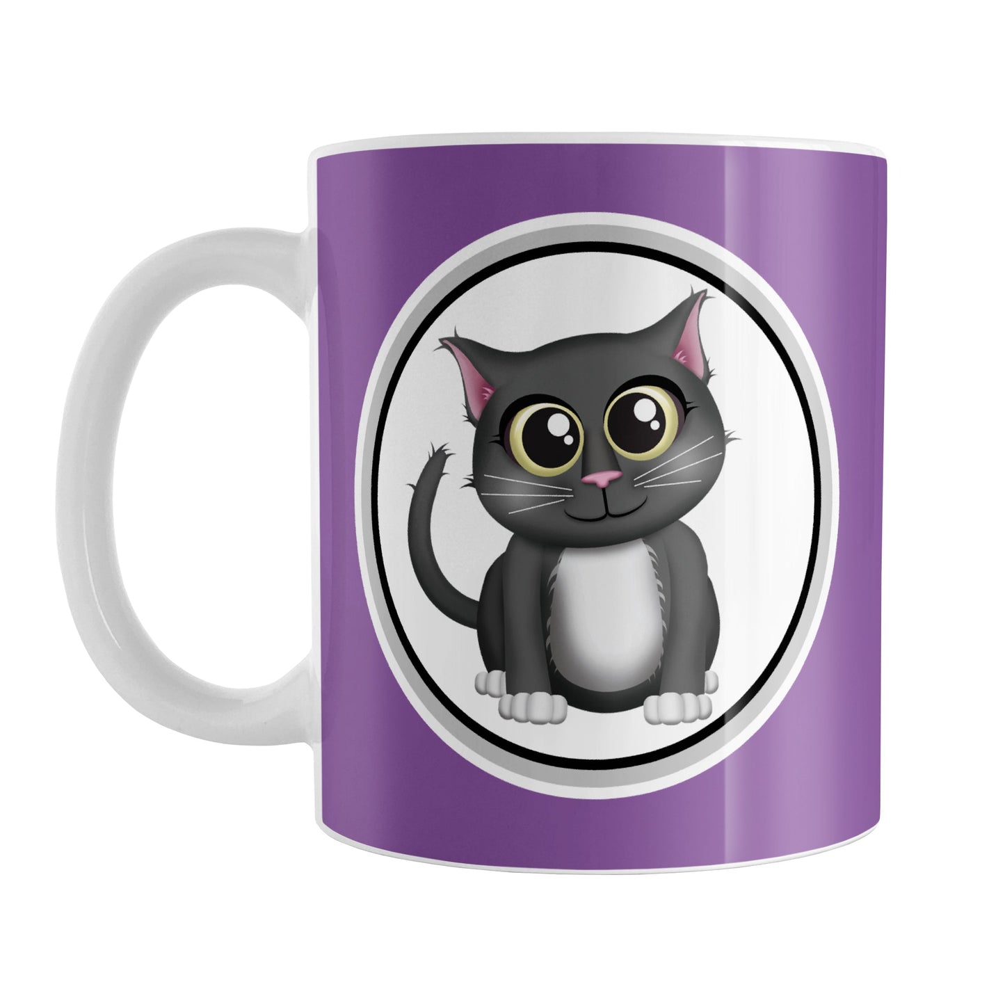 Cute Gray Cat Purple Mug (11oz) at Amy's Coffee Mugs. A ceramic coffee mug designed with an adorable gray cat in a white circle outlined in black and gray on both sides of the mug over a purple background color that wraps around the mug up to the handle.