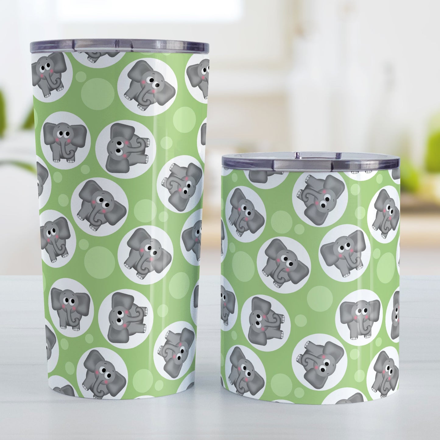 Cute Green Elephant Pattern Tumbler Cup (20oz and 10oz, stainless steel insulated) at Amy's Coffee Mugs