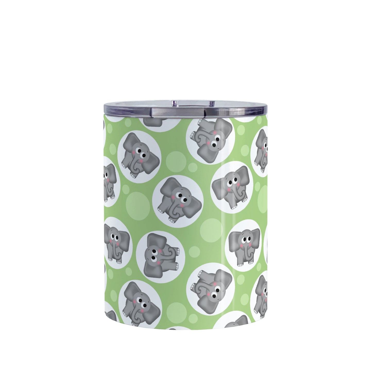 Cute Green Elephant Pattern Tumbler Cup (10oz, stainless steel insulated) at Amy's Coffee Mugs. A tumbler cup designed with cute and affectionate gray elephants in white circles scattered over a green background color in a pattern that wraps around the cup.