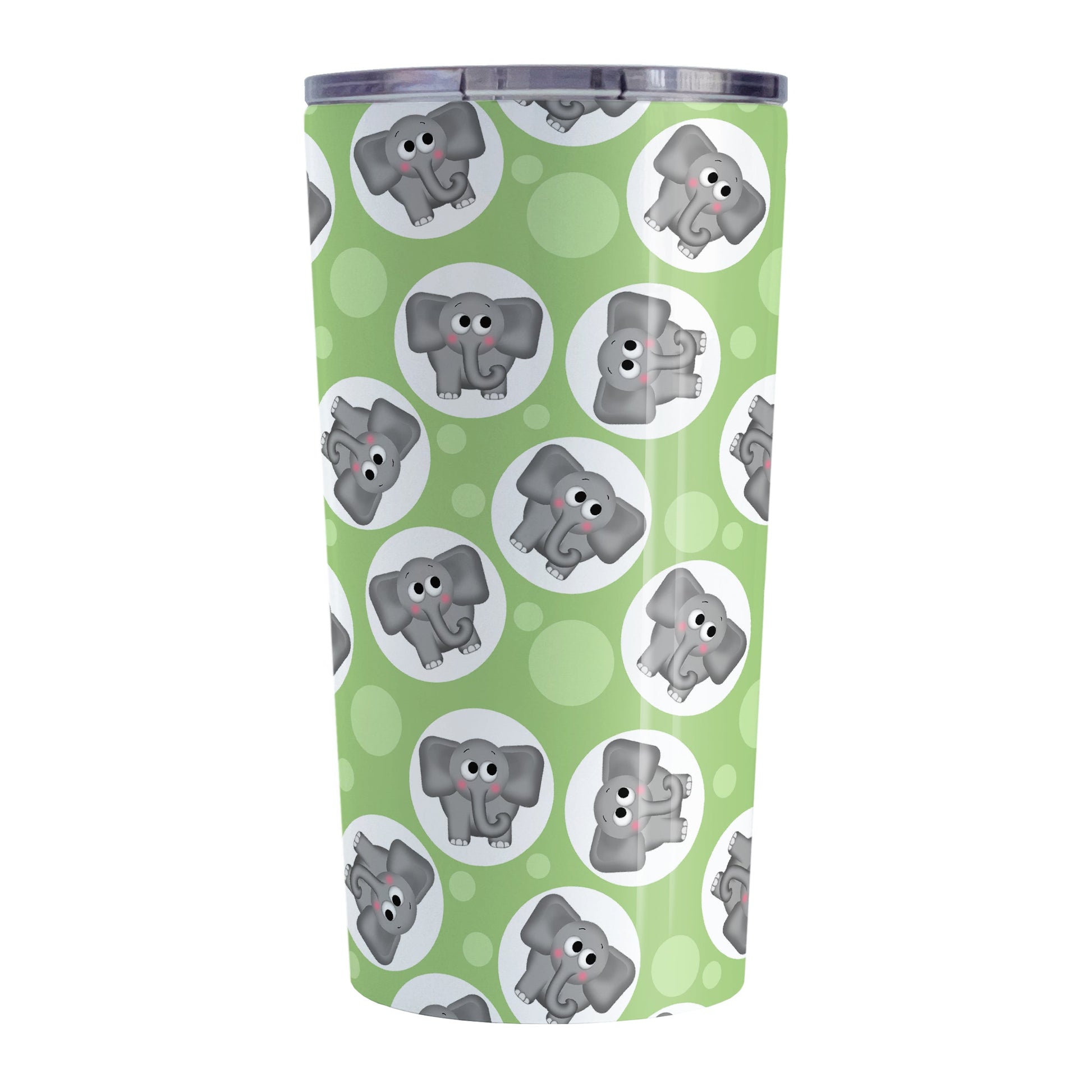 Cute Green Elephant Pattern Tumbler Cup (20oz, stainless steel insulated) at Amy's Coffee Mugs. A tumbler cup designed with cute and affectionate gray elephants in white circles scattered over a green background color in a pattern that wraps around the cup.