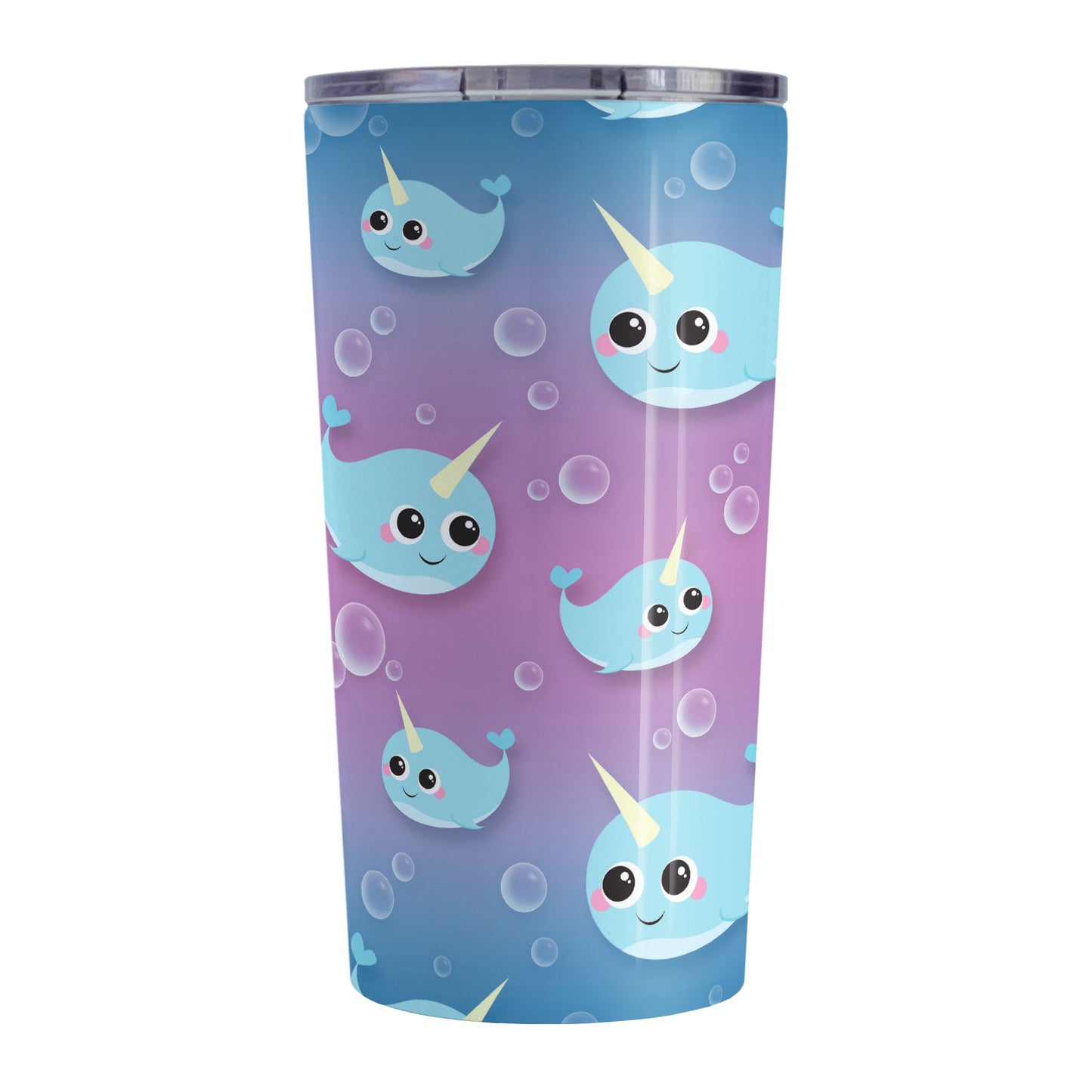 Cute Happy Narwhal Pattern Tumbler Cup (20oz, stainless steel insulated) at Amy's Coffee Mugs. tumbler cup designed with a pattern of cute and happy blue narwhals with bubbles over a gradient purple and blue background that wraps around the cup.