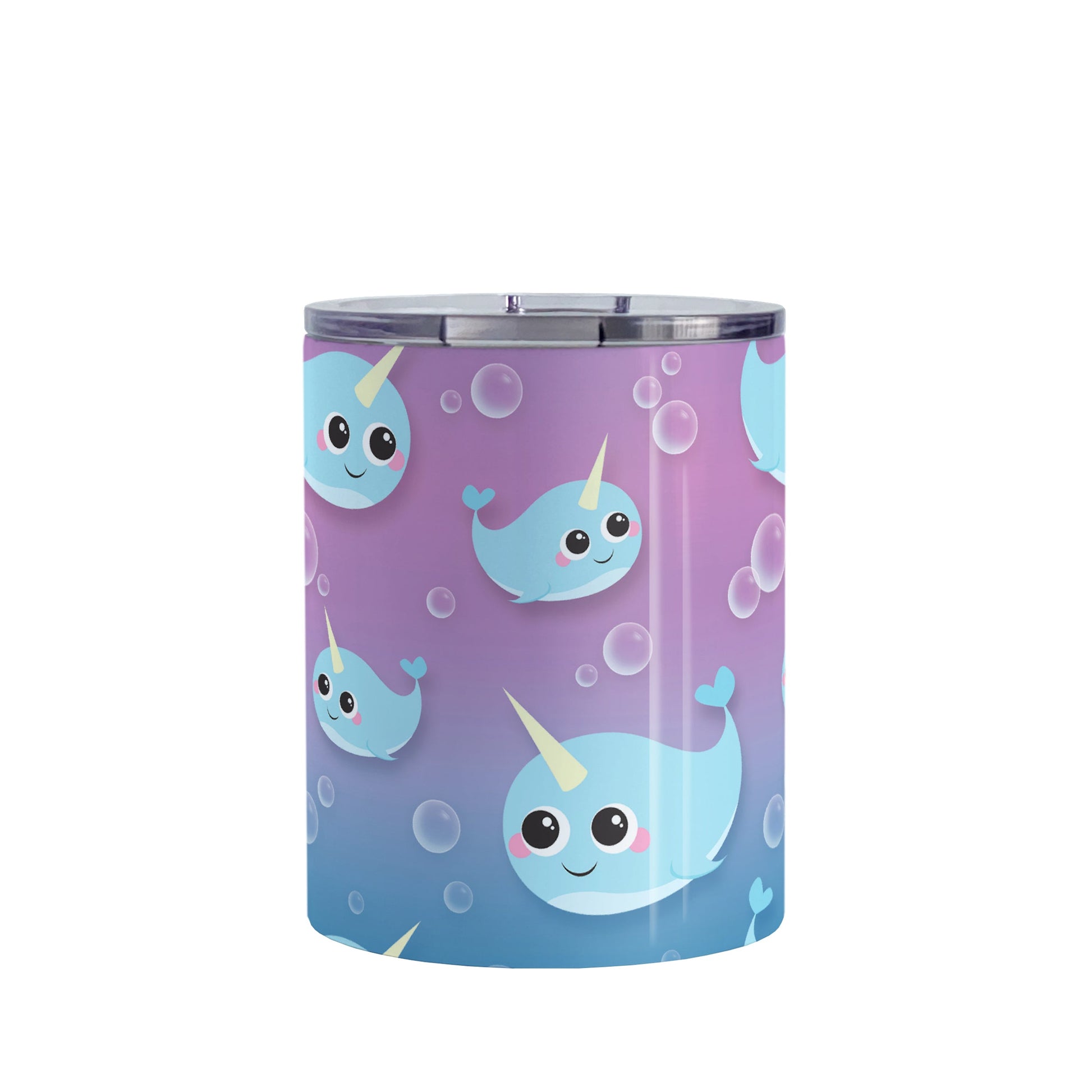 Cute Happy Narwhal Pattern Tumbler Cup (10oz, stainless steel insulated) at Amy's Coffee Mugs. tumbler cup designed with a pattern of cute and happy blue narwhals with bubbles over a gradient purple and blue background that wraps around the cup.