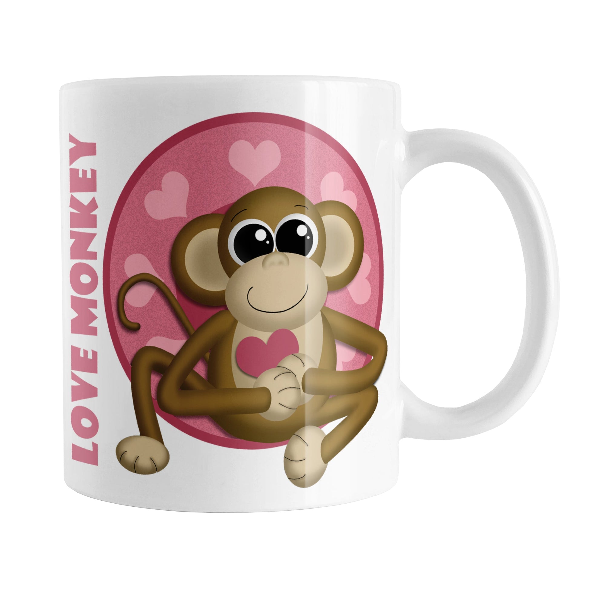 Cute Heart Love Monkey Mug (11oz) at Amy's Coffee Mugs. A ceramic coffee mug designed with a cute brown smiling happy monkey holding a pink heart, over a pink heart circle design, and the words "love monkey" along the left side of the monkey. The love monkey illustration is on both sides of the mug.