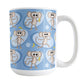 Cute Blue Monkey Pattern Mug (15oz) at Amy's Coffee Mugs. A ceramic coffee mug designed with a pattern of fun and cute brown monkeys in light blue ovals with bananas over a blue background color that wraps around the mug up to the handle.