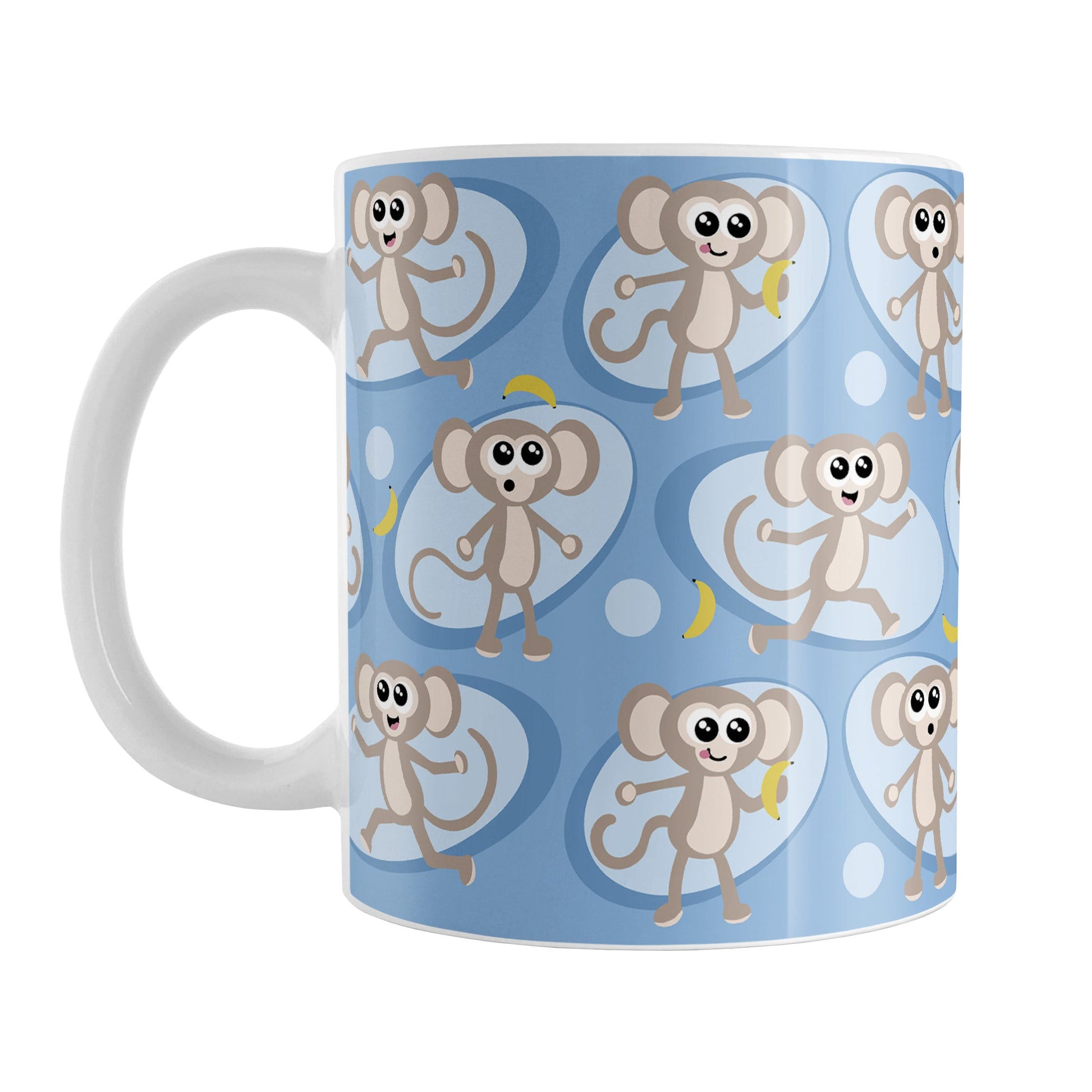 Cute Blue Monkey Pattern Mug (11oz) at Amy's Coffee Mugs. A ceramic coffee mug designed with a pattern of fun and cute brown monkeys in light blue ovals with bananas over a blue background color that wraps around the mug up to the handle.