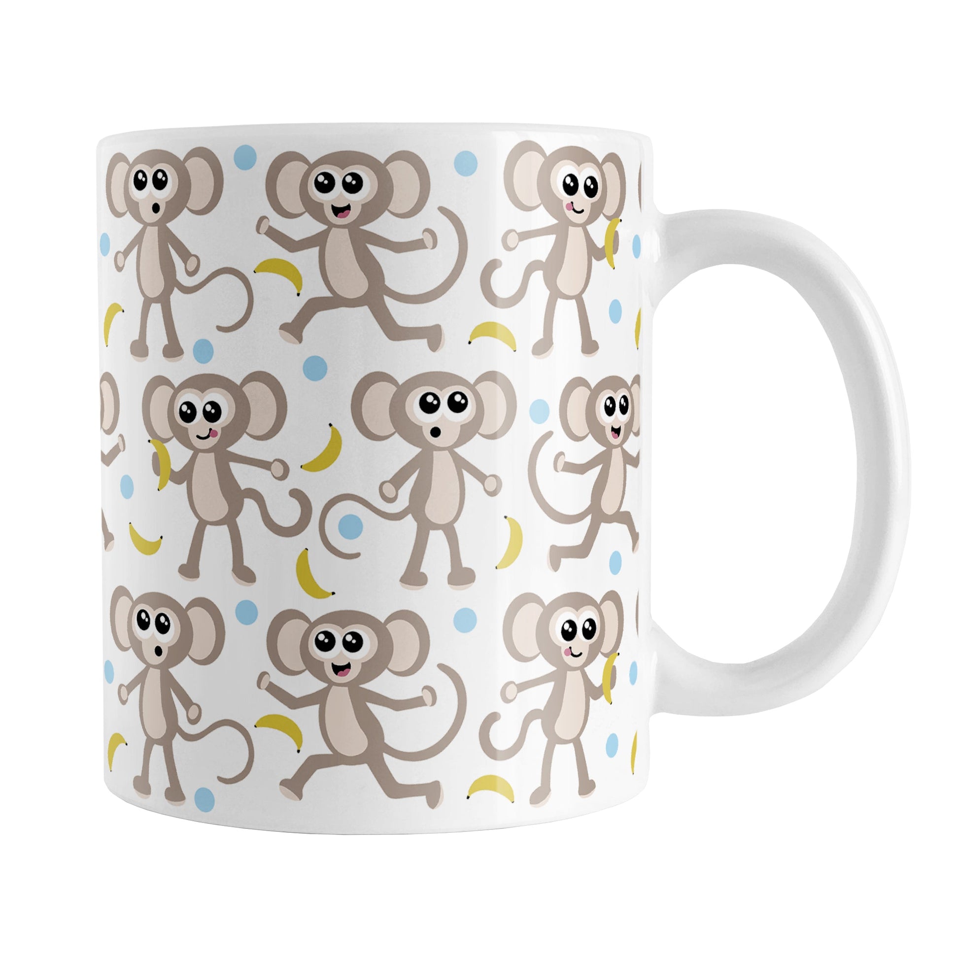 Cute Monkey Pattern with Blue Dots Mug (11oz) at Amy's Coffee Mugs. A ceramic coffee mug designed with fun and cute brown monkeys with bananas and blue dots in a pattern that wraps around the mug up to the handle.