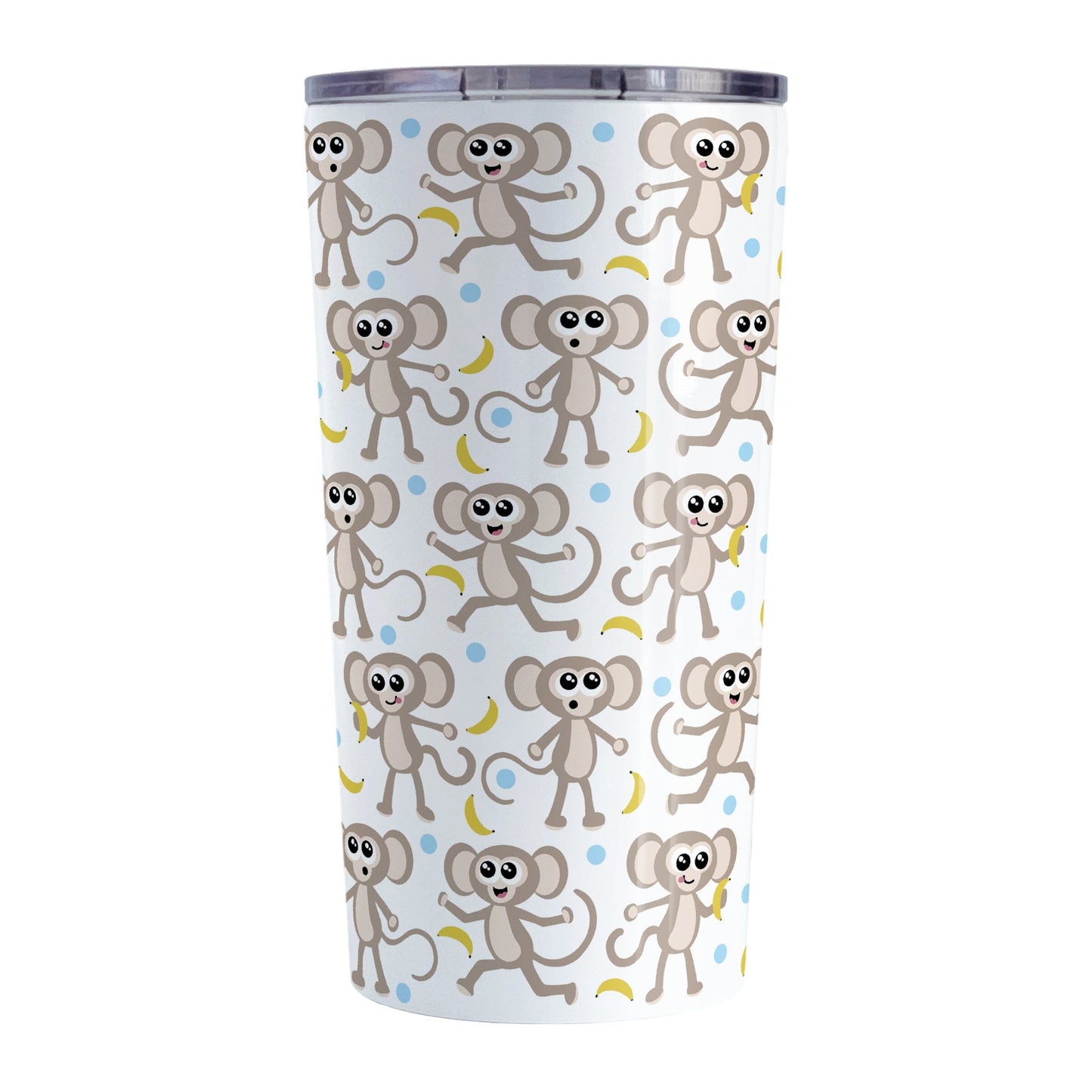 Cute Monkey Pattern with Blue Dots Tumbler Cup (20oz) at Amy's Coffee Mugs. A stainless steel tumbler cup designed with an adorable pattern of monkeys having fun, complete with bananas and blue dots around them, that wraps around the cup. 