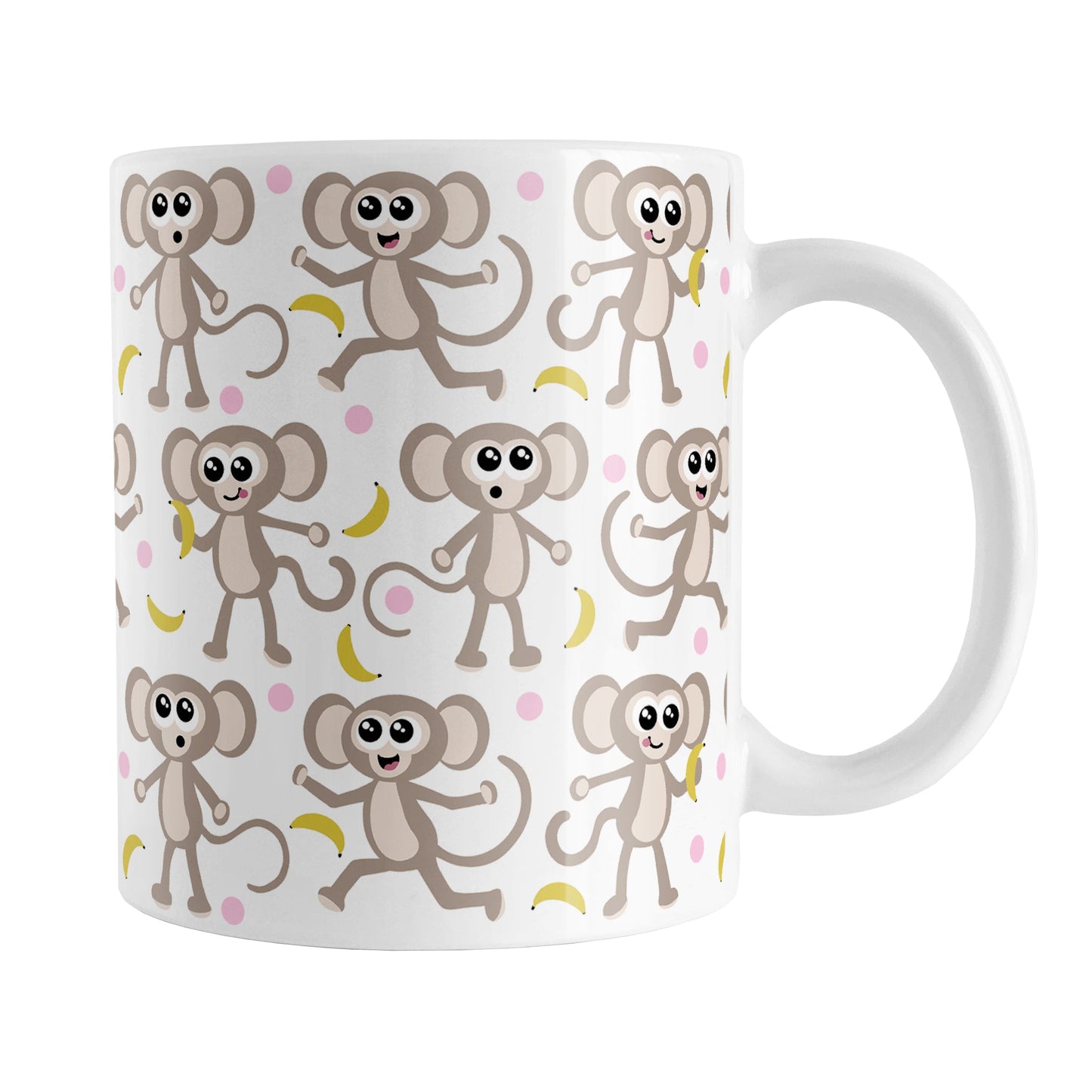 Cute Monkey Pattern with Pink Dots Mug (11oz) at Amy's Coffee Mugs. A ceramic coffee mug is designed with an adorable pattern of monkeys having fun, complete with bananas and pink dots, that wraps around the mug.