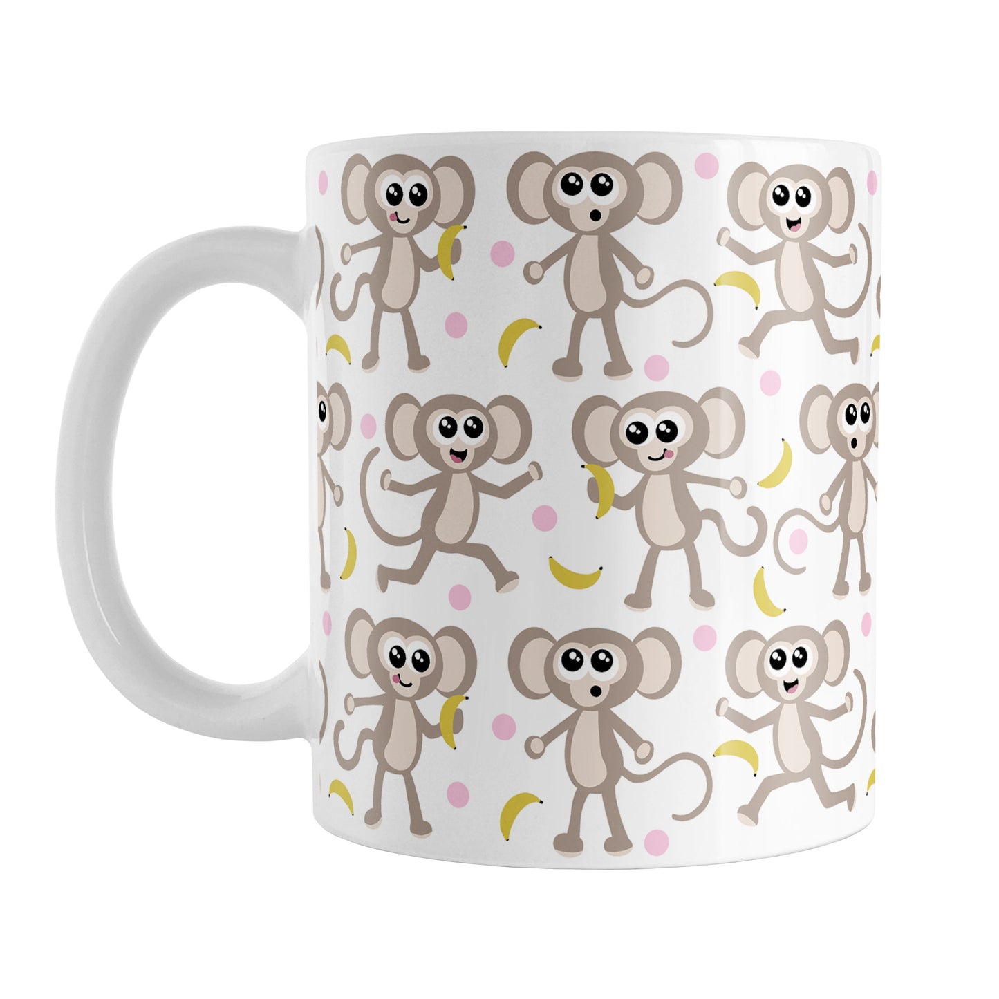 Cute Monkey Pattern with Pink Dots Mug (11oz) at Amy's Coffee Mugs. A ceramic coffee mug is designed with an adorable pattern of monkeys having fun, complete with bananas and pink dots, that wraps around the mug.
