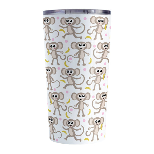 Cute Monkey Pattern with Pink Dots Tumbler Cup (20oz) at Amy's Coffee Mugs. A stainless steel tumbler cup designed with an adorable pattern of monkeys having fun, complete with bananas and pink dots around them, that wraps around the cup. 