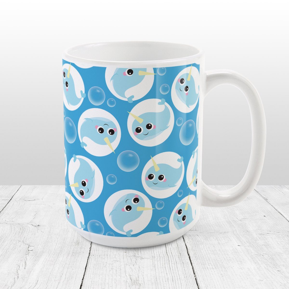 Cute Narwhal Bubble Pattern Blue Mug at Amy's Coffee Mugs