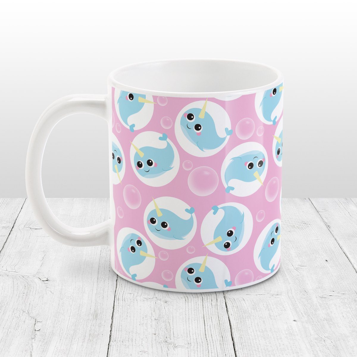 Cute Narwhal Bubble Pattern Pink Mug at Amy's Coffee Mugs