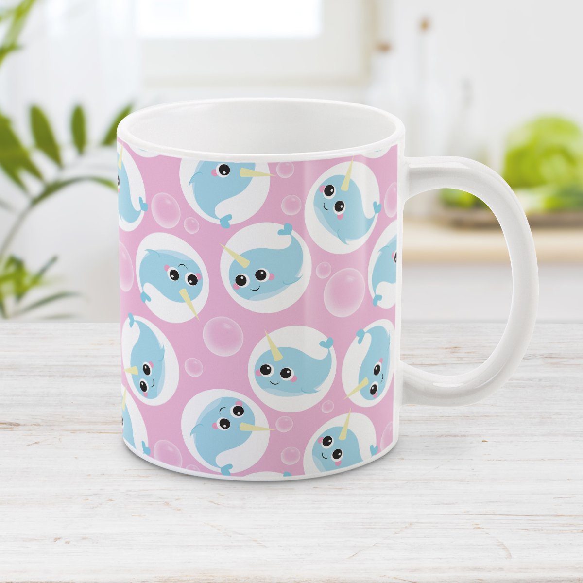 Cute Pink Narwhal Bubble Pattern Travel Mug