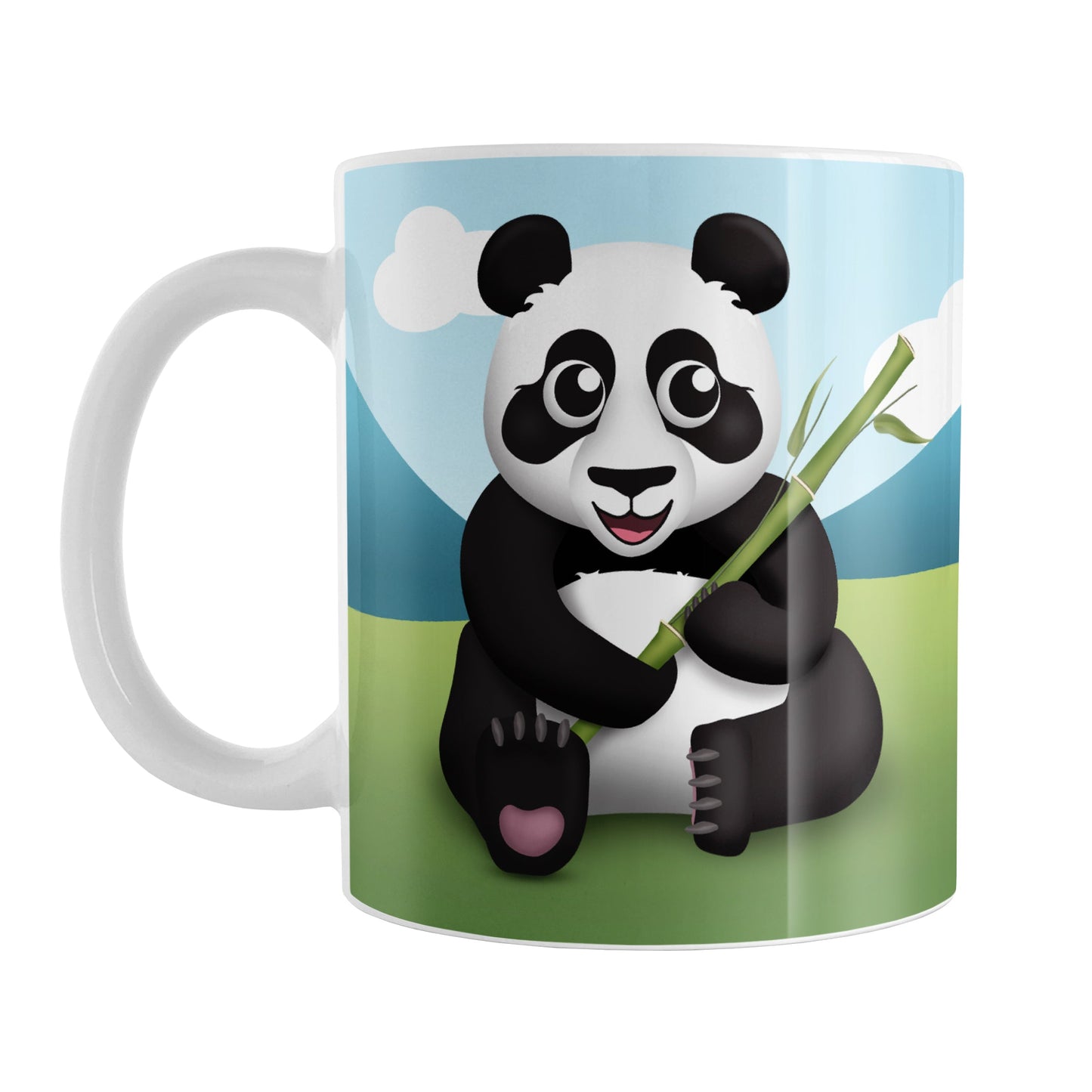 Cute Panda with Bamboo Mug (11oz) at Amy's Coffee Mugs. A ceramic coffee mug designed with an illustration of a panda holding bamboo sitting in the grass on both sides of the mug while the background illustration with mountains and a blue sky wraps around the mug up to the handle.