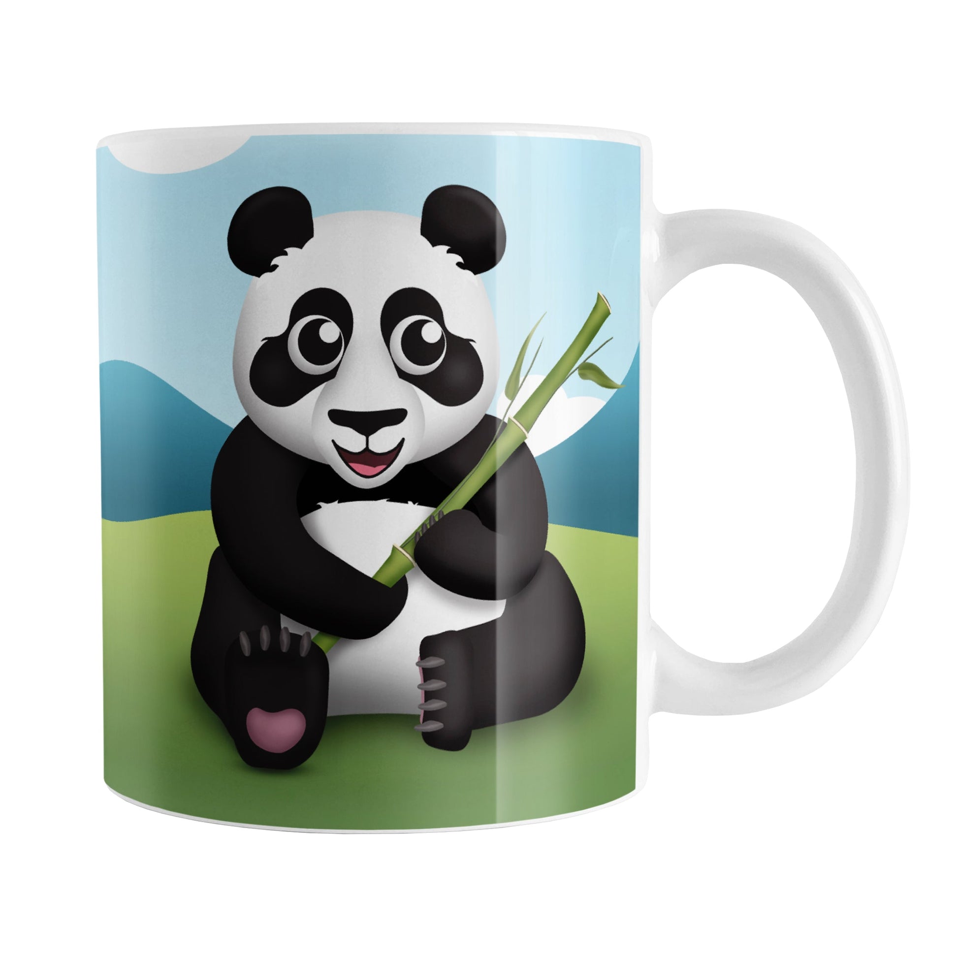 Cute Panda with Bamboo Mug (11oz) at Amy's Coffee Mugs. A ceramic coffee mug designed with an illustration of a panda holding bamboo sitting in the grass on both sides of the mug while the background illustration with mountains and a blue sky wraps around the mug up to the handle.