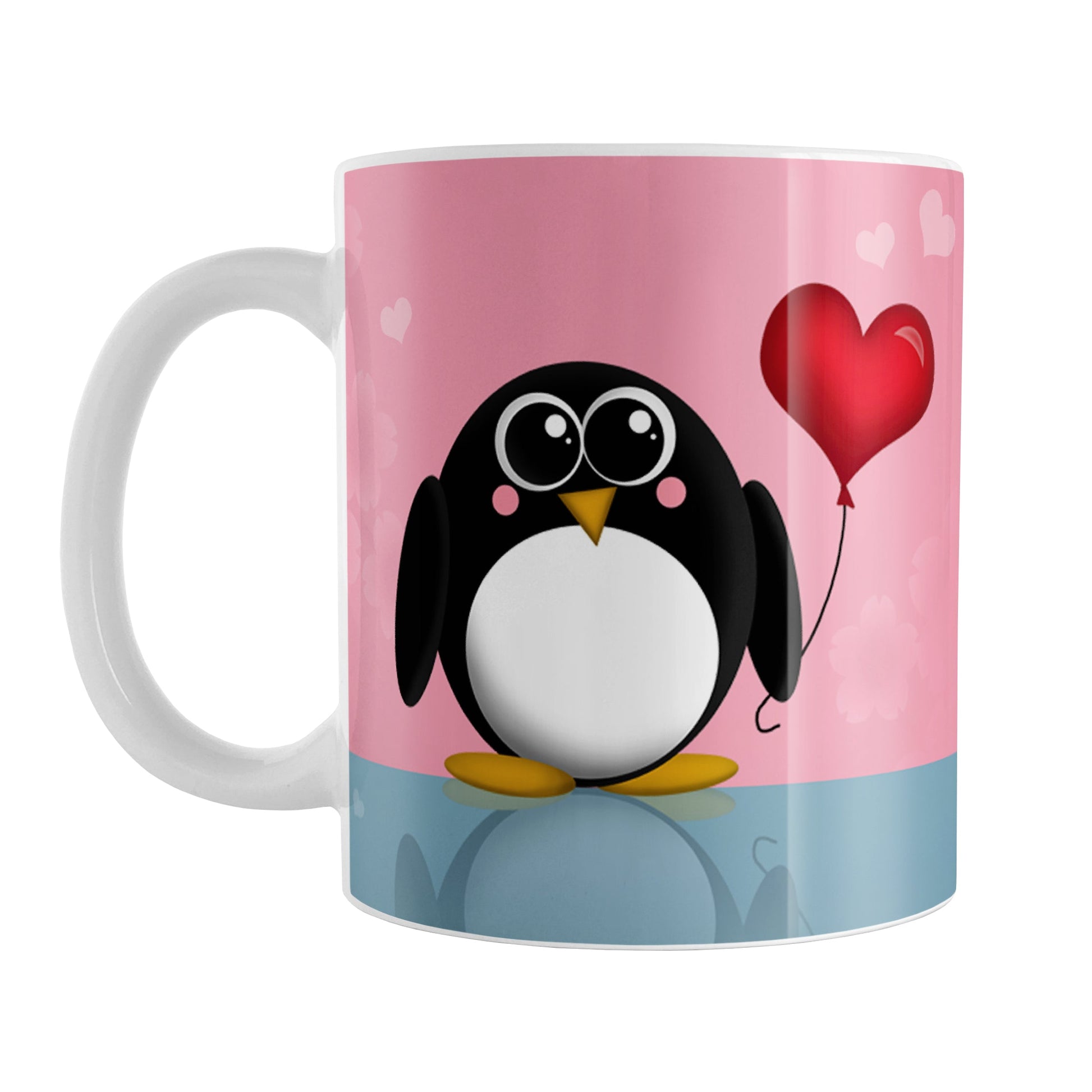 Cute Penguin Heart Balloon Mug (11oz) at Amy's Coffee Mugs. A ceramic coffee mug designed with an adorable rounded penguin holding a red heart balloon on both sides of the mug over a pink and blue background that wraps around the mug up to the handle.