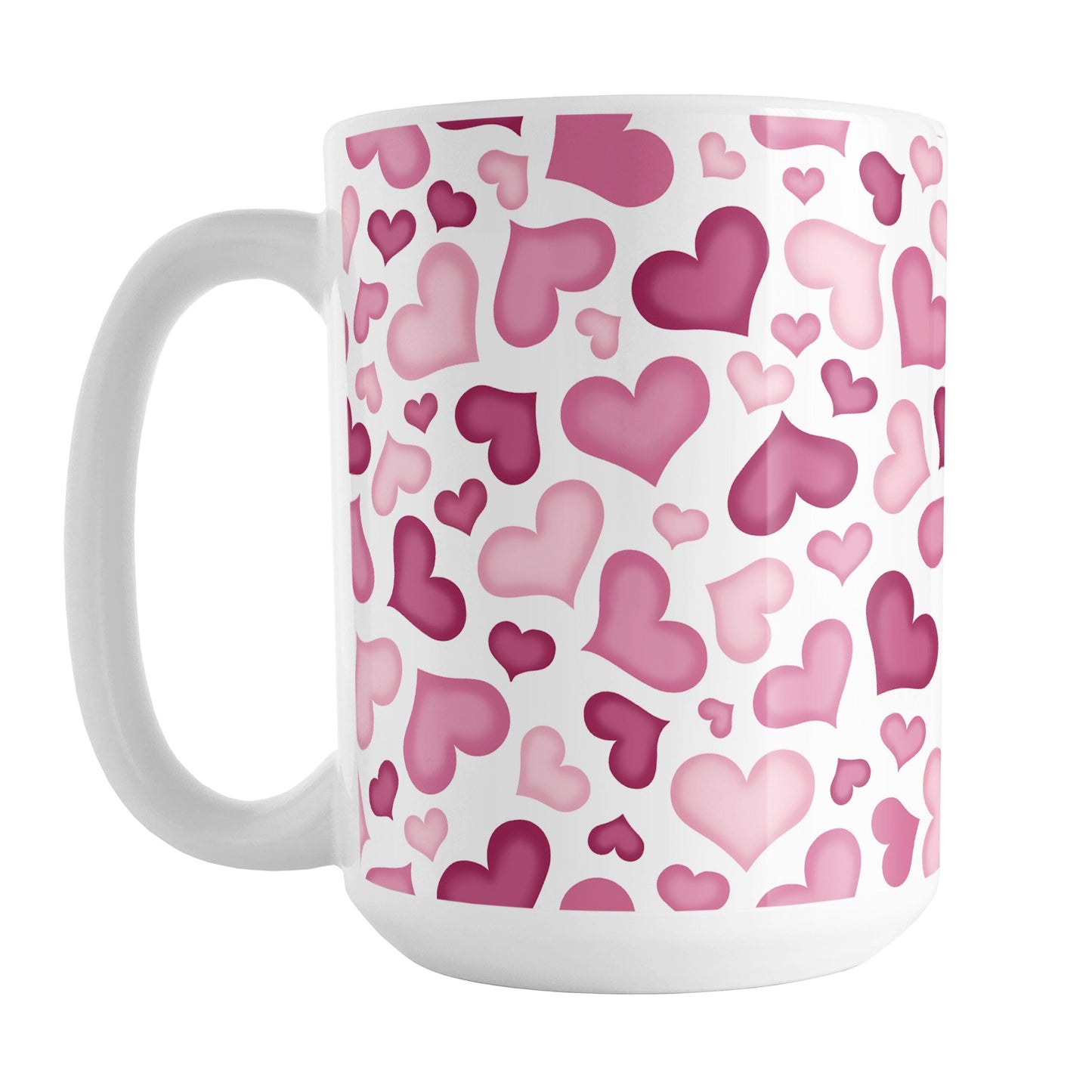 Cute Pink Hearts Pattern Mug (15oz) at Amy's Coffee Mugs. A ceramic coffee mug designed with a multi-directional pattern of cute hearts in different shades of pink that wrap around the mug to the handle.