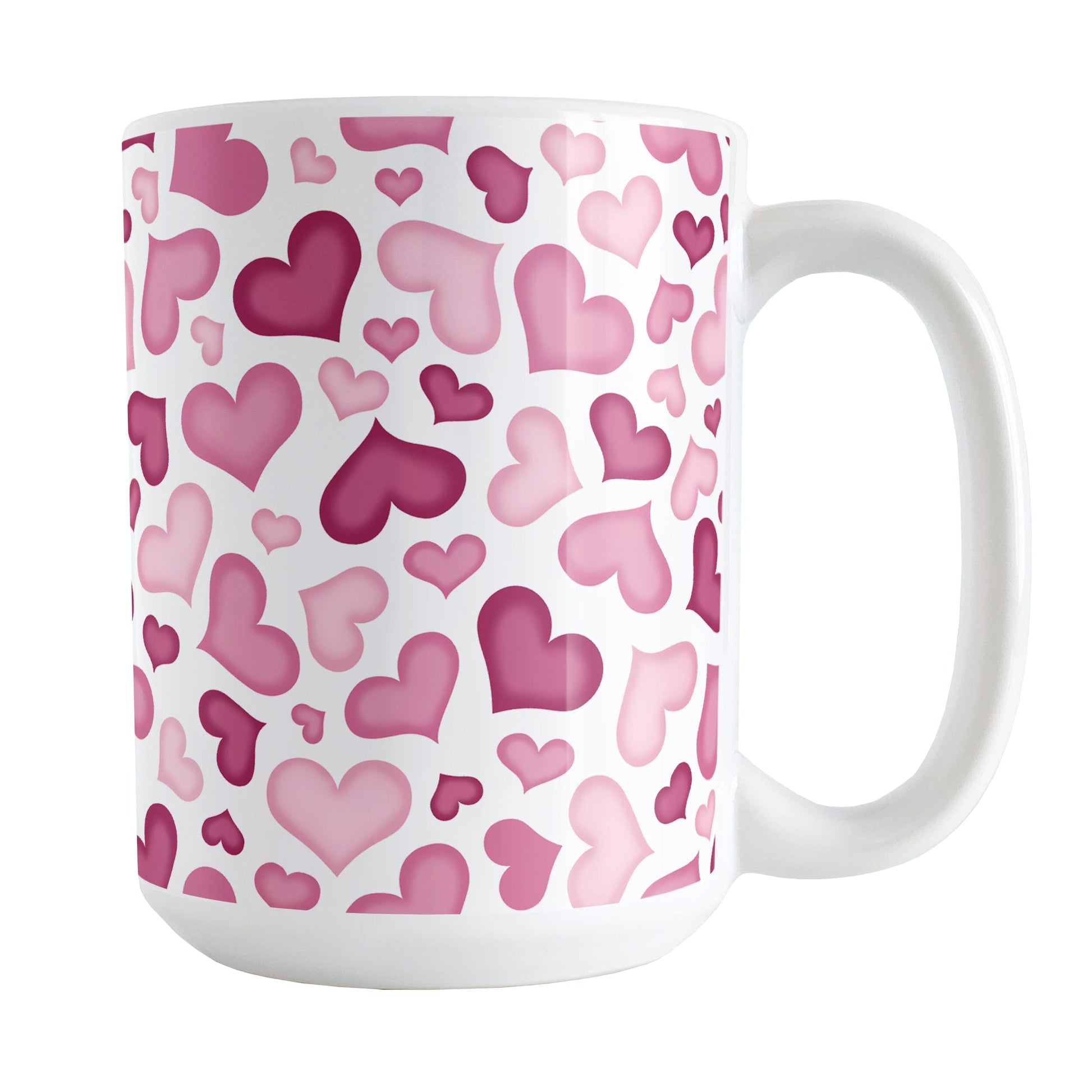 Cute Pink Hearts Pattern Mug (15oz) at Amy's Coffee Mugs. A ceramic coffee mug designed with a multi-directional pattern of cute hearts in different shades of pink that wrap around the mug to the handle.