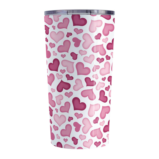 Cute Pink Hearts Pattern Tumbler Cup (20oz) at Amy's Coffee Mugs. A stainless steel tumbler cup designed with a pattern of cute hearts in different shades of pink that wrap around the cup. 
