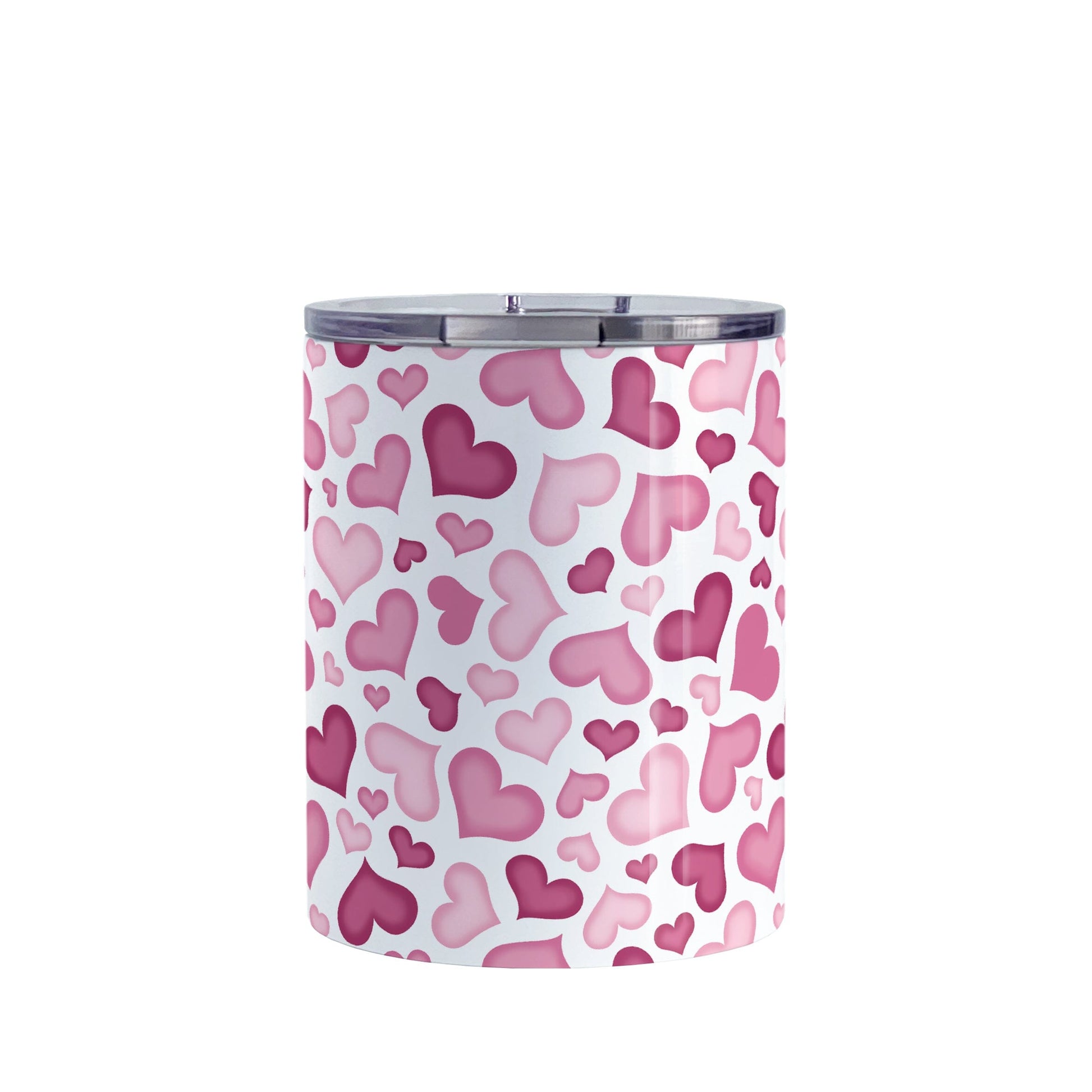 Cute Pink Hearts Pattern Tumbler Cup (10oz) at Amy's Coffee Mugs. A stainless steel tumbler cup designed with a pattern of cute hearts in different shades of pink that wrap around the cup. 