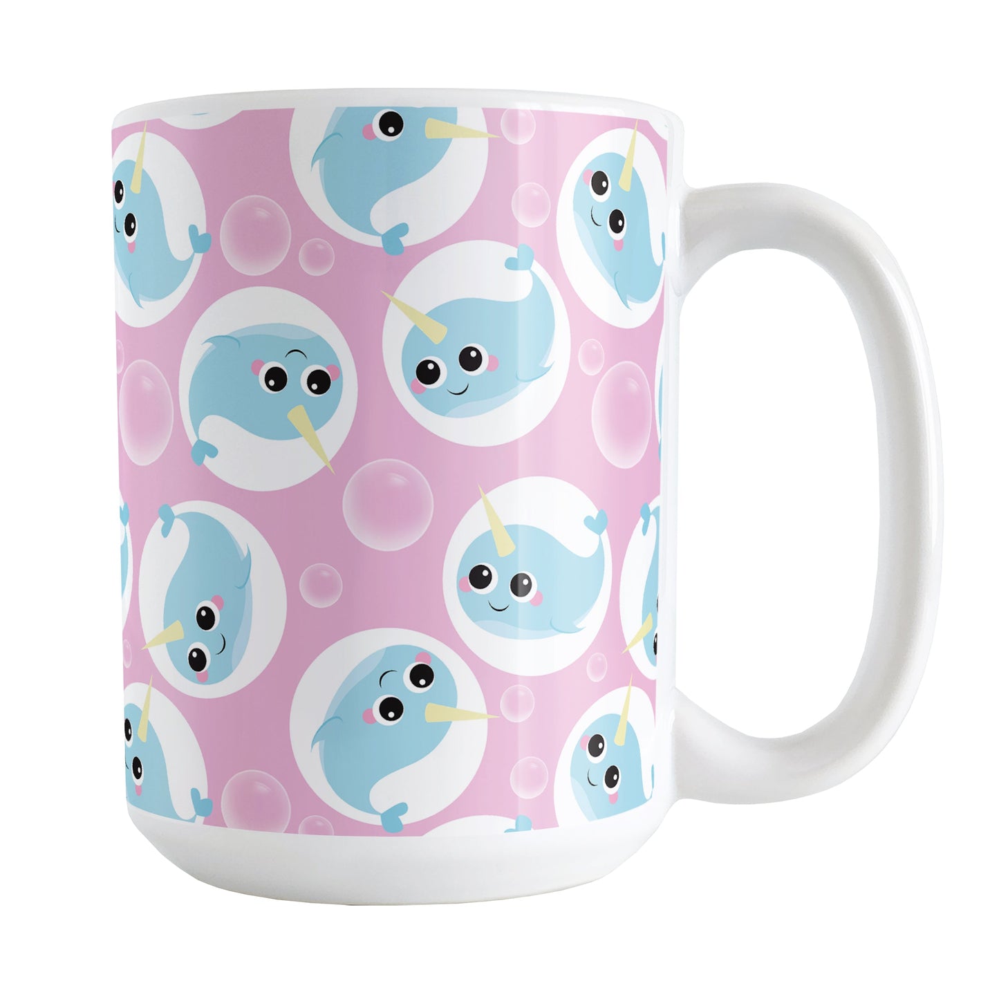 Cute Pink Narwhal Bubble Pattern Mug (15oz) at Amy's Coffee Mugs