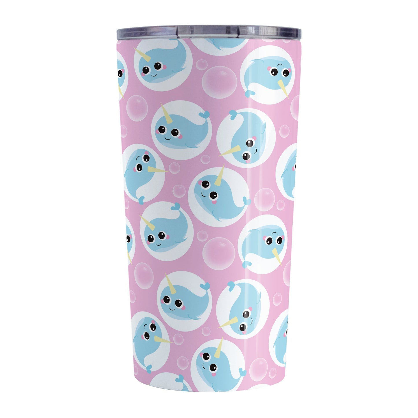 Cute Pink Narwhal Bubble Pattern Tumbler Cup (20oz, stainless steel insulated) at Amy's Coffee Mugs
