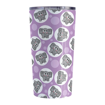 Cute Purple Elephant Pattern Tumbler Cup (20oz, stainless steel insulated) at Amy's Coffee Mugs. A tumbler cup designed with cute and affectionate gray elephants in white circles scattered over a purple background color in a pattern that wraps around the cup.