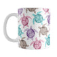 Cute Sea Turtles Pattern Mug (11oz) at Amy's Coffee Mugs. A ceramic mug with a pattern of sea turtles in a cute color palette of pink, purple, teal and brown that wraps around the mug to the handle. Each cool colored sea turtle has a different floral watermark over its shell.
