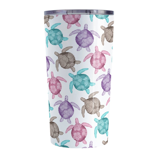 Cute Sea Turtles Pattern Tumbler Cup (20oz, stainless steel insulated) at Amy's Coffee Mugs. A tumbler cup with a pattern of sea turtles in a cute color palette of pink, purple, teal and brown that wraps around the cup. Each cool colored sea turtle has a different floral watermark over its shell.