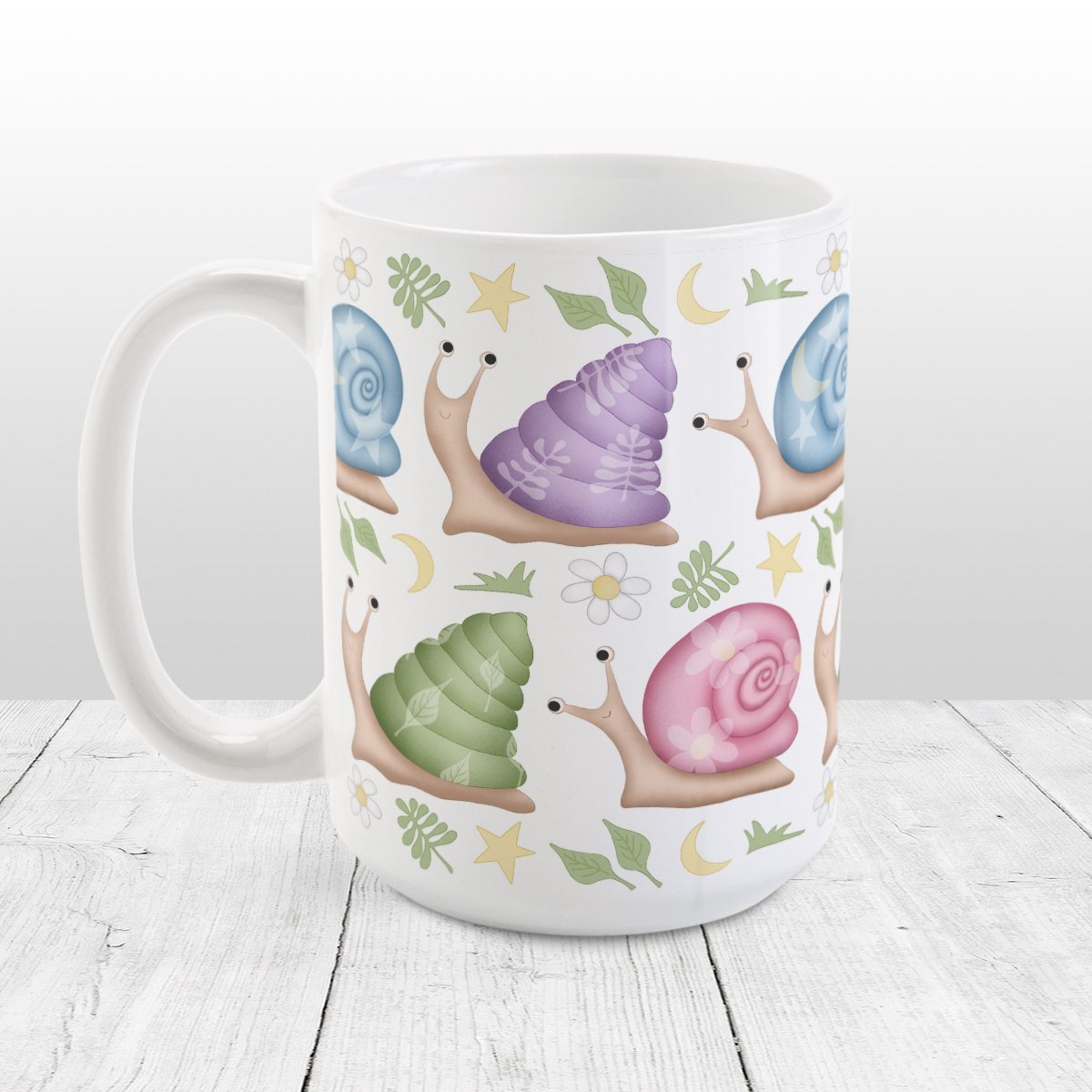 Cute Spring Summer Snails Pattern Mug at Amy's Coffee Mugs. A cute snails mug with a whimsical pattern of snails with happy faces in two rows around the mug with pink, purple, blue, and green shells floral and stars watermarks, with foliage, moons, and stars between the rows.