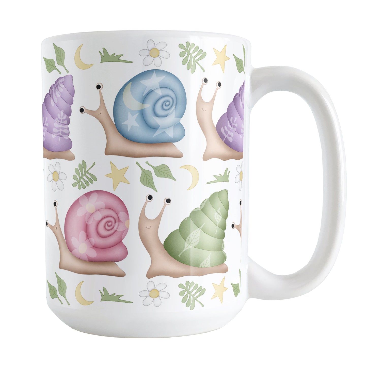 Cute Spring Summer Snails Pattern Mug (15oz) at Amy's Coffee Mugs. A cute snail mug with a whimsical pattern of snails with happy faces in two rows around the mug with pink, purple, blue, and green shells floral and stars watermarks, with foliage, moons, and stars between the rows.